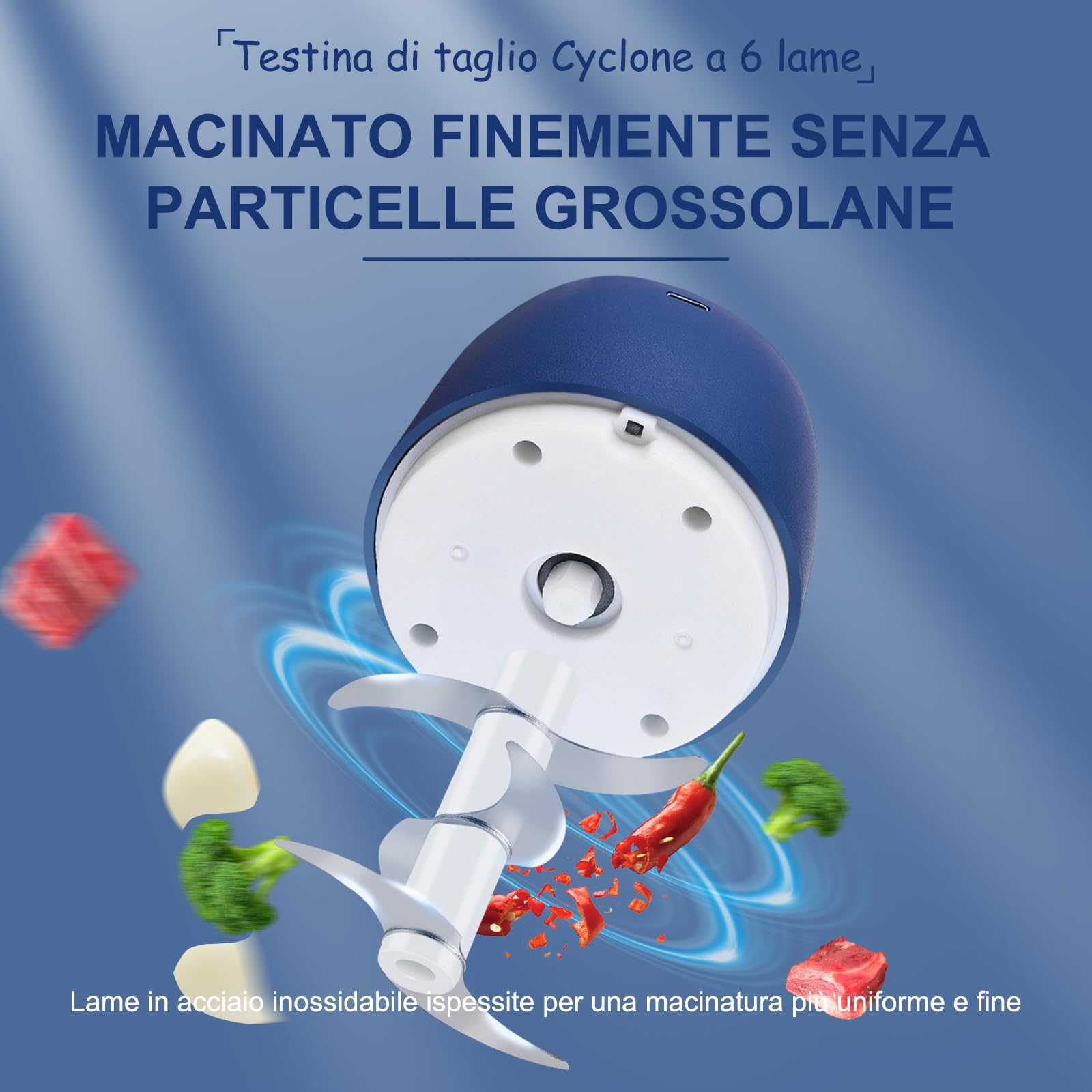 Tritatutto cipolla, tritatutto cucina, 350 ml, 6 lame in acciaio inox, con cavo di ricarica di tipo C per la cucina domestica e per le gite in campeggio, adatto per tritare carne, cipolle, peperoni