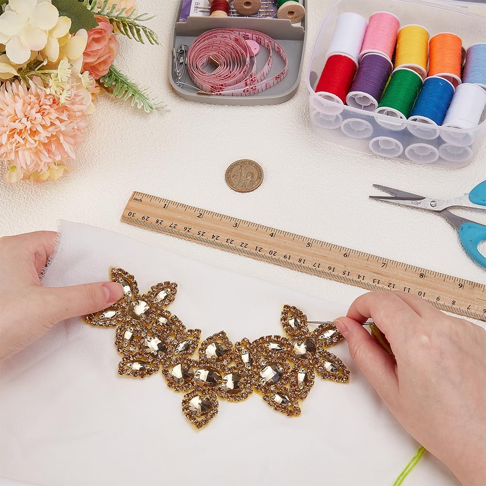 FINGERINSPIRE Flower Rhinestone Applique 94.49x35.43Inch Goldenrod Rhinestone Iron on Appliques Wedding Bridal Sewing Patches Glitter V Neck Appliques Diamond Beaded Patch for Dress Belt DIY Decor