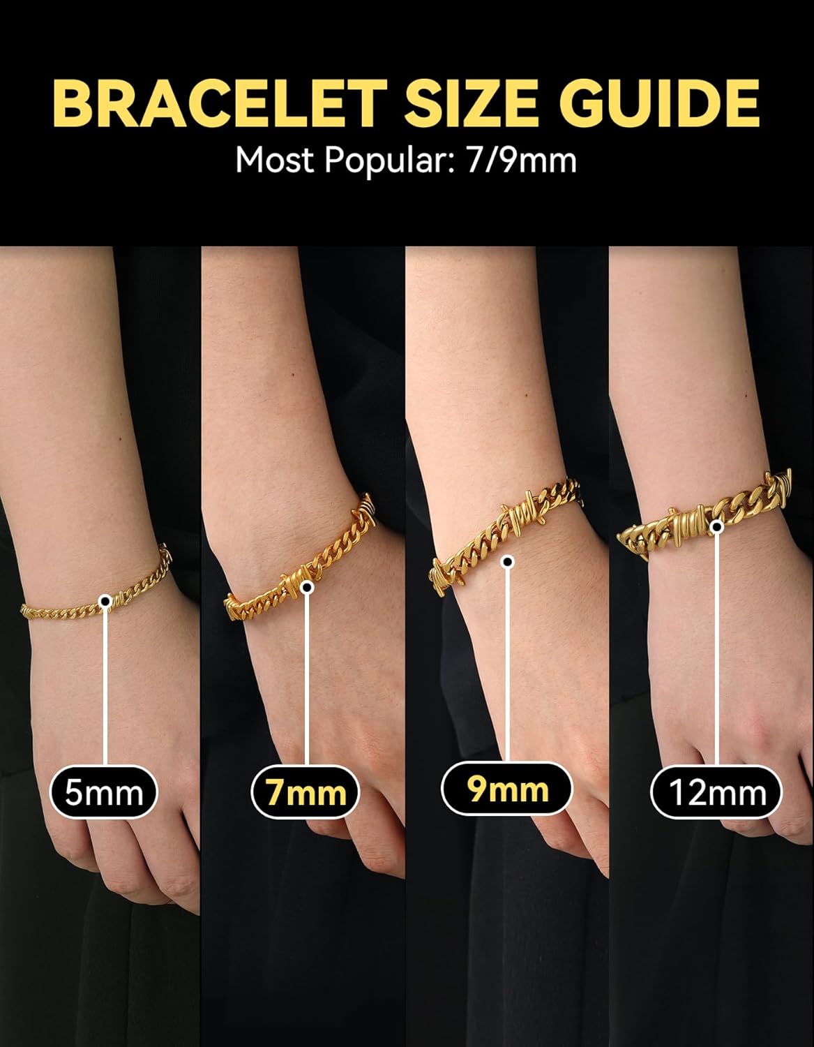 ChainsHouse Barbed Wire Bracelet, Cuban Link Chain Bracelet for Men, Stainless Steel Gothic Punk Thorns Hand Chain, Hip Hop Jewelry, 5/7/9/12mm Width, 7"-8.3" Length, Send Gift Box