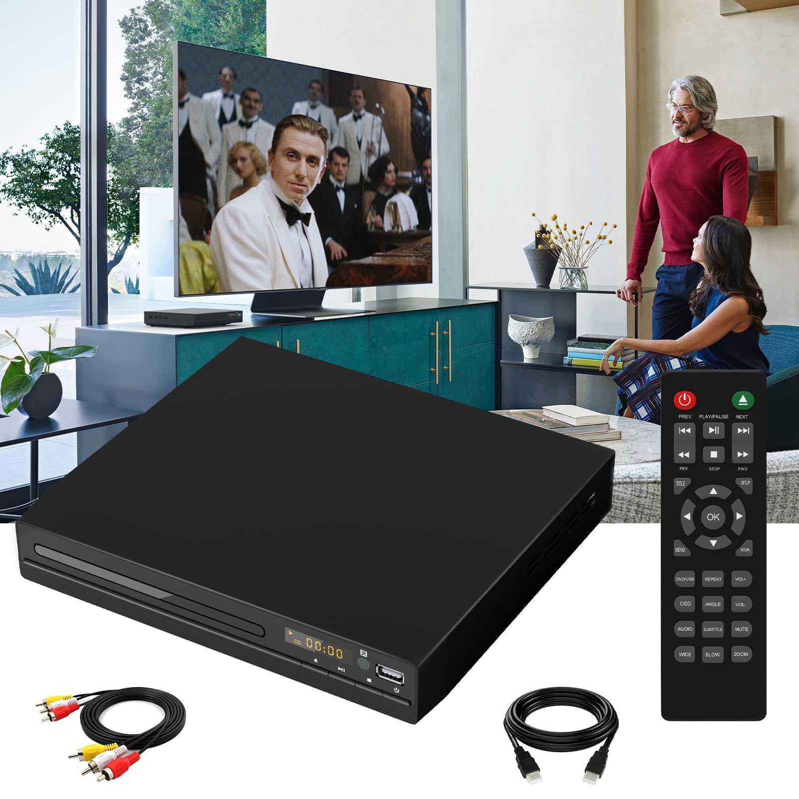 HDMI DVD Player | Unterstützt 1080P, USB, CD | Regionenfreier DVD Spieler für Fernseher | Mit HDMI-Kabel, RCA-Kabel und Fernsteuerung
