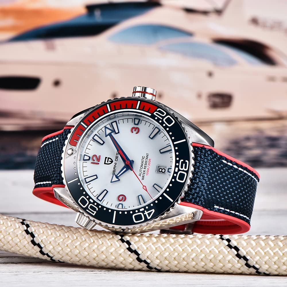 Pagani Design Mechanische Herren-Automatik-Business-Uhr, Edelstahlgehäuse, 100M wasserdicht, Nylon-Kautschukband, Saphirglas, Automatische Herren-Taucheruh