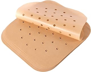 SCOVE 100pcs Air Fryer Parchment Paper, 8.5 inch Disposable Air Fryer Liners Square For Steaming Basket, Oven, Cooking, and Baking (Brown)