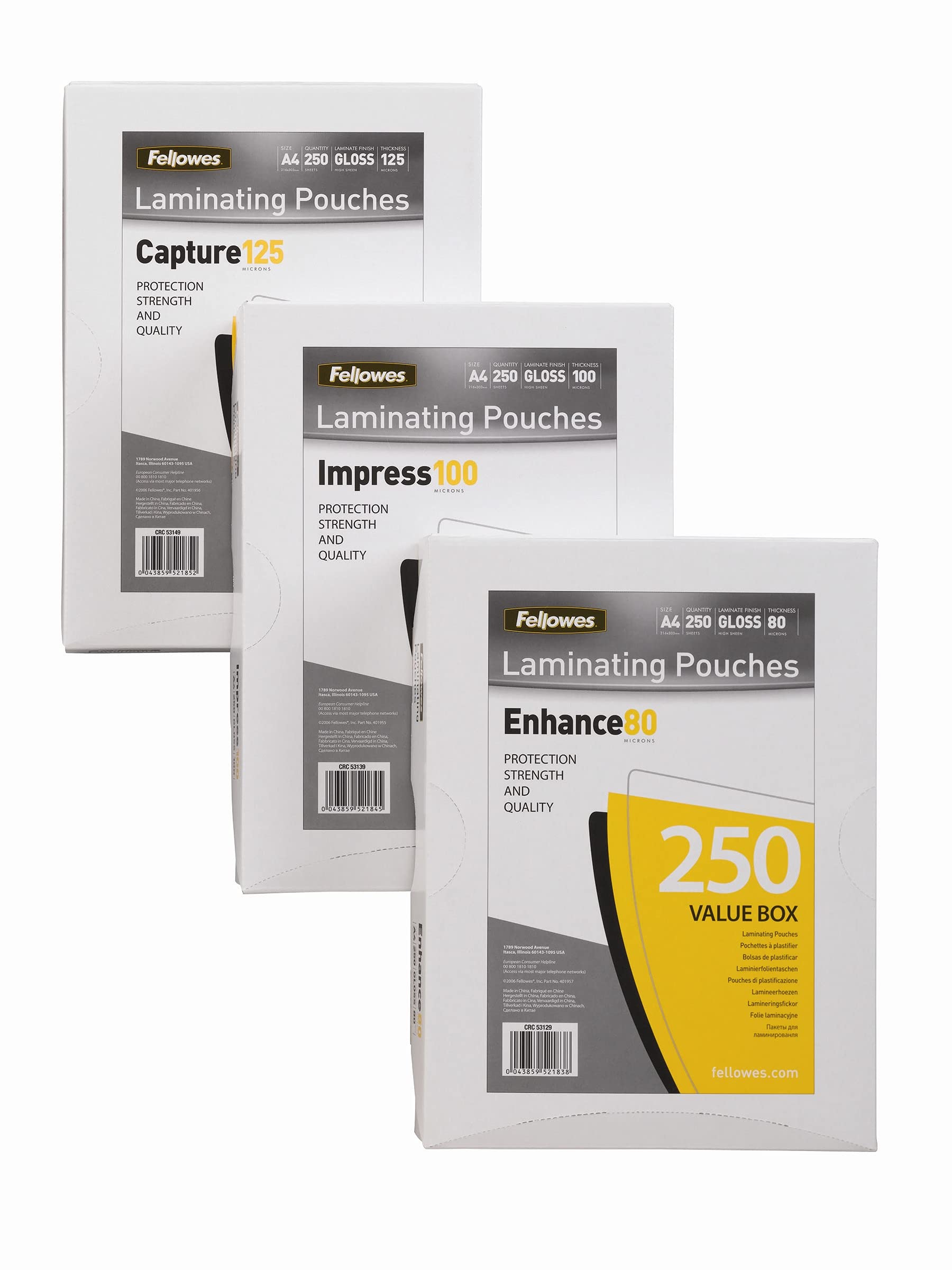 Fellowes A4 Laminating Pouches, Gloss, 160 Micron (2 x 80 Micron), Pack of 250