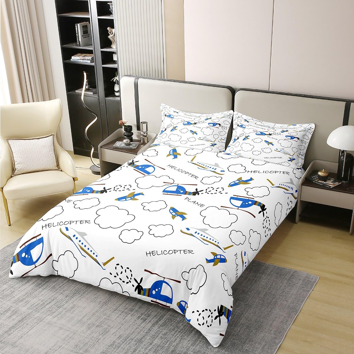 Homewish Śmigłowiec dziecięcy, 100% bawełna, poszewka na kołdrę, podwójna, samolot, mikrofibra, zestaw pościeli dla dzieci, chłopców, dziewcząt, samolot, poszewka na kołdrę do sypialni, samolotu