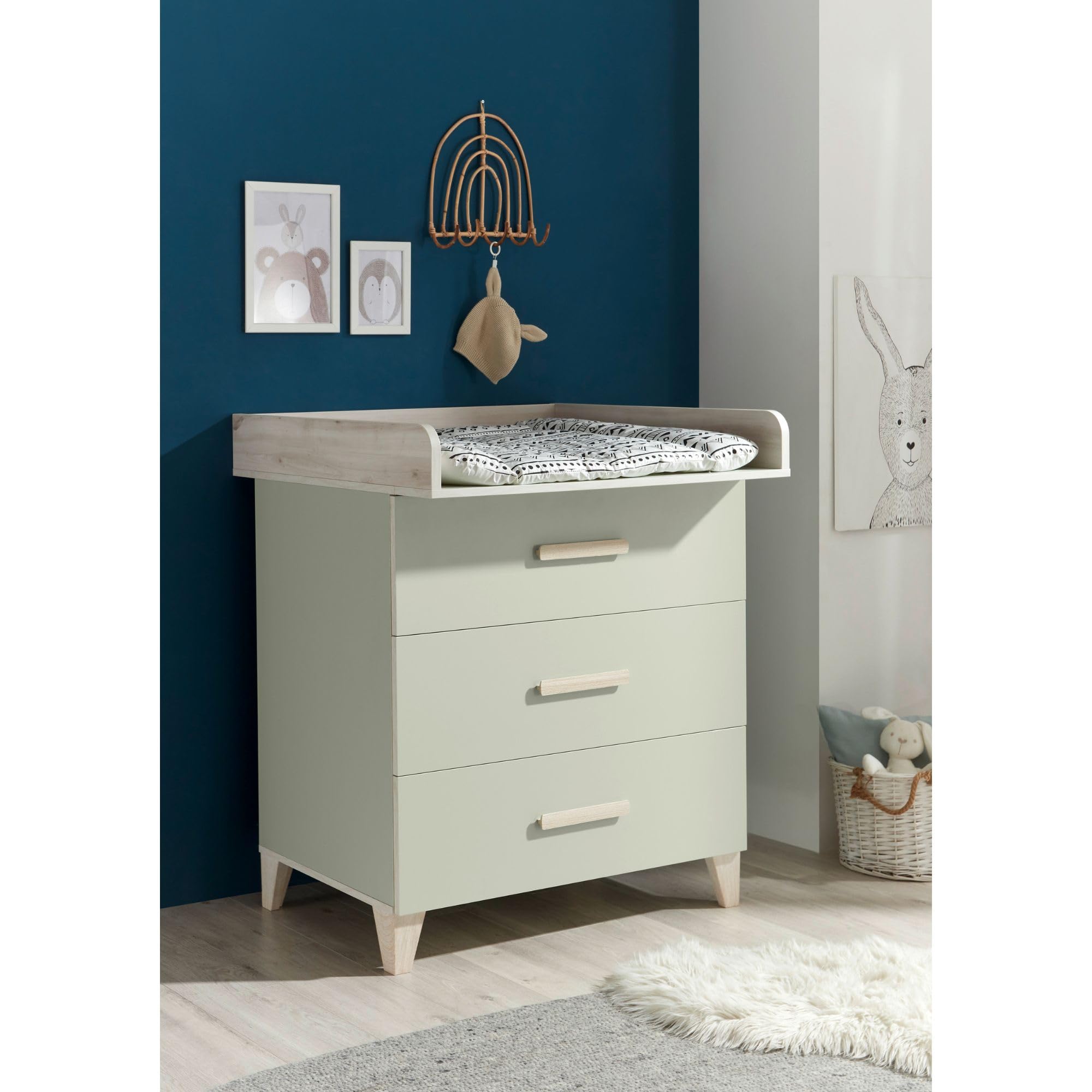 Stella Trading Prizzi Complet Aspect Ensemble de Meubles pour Chambre 3 pièces composé d'une Armoire, d'un lit de bébé et d'une Commode à Langer, Bois, Vert Pastel/Aurum, Komplett-Set