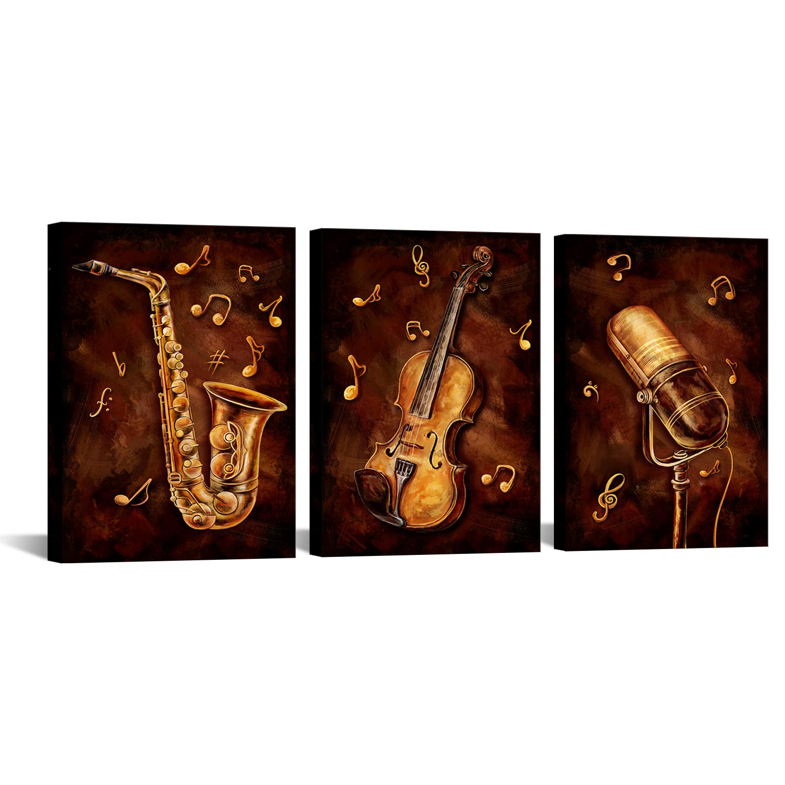 3 Piece Music Painting Canvas Prints Brown Saxophone Violin Microphone Art Picture Poster Wall Decor Vintage Musical Jazz Artwork for Home Living Room Music Studio Classroom Decoration (Small)