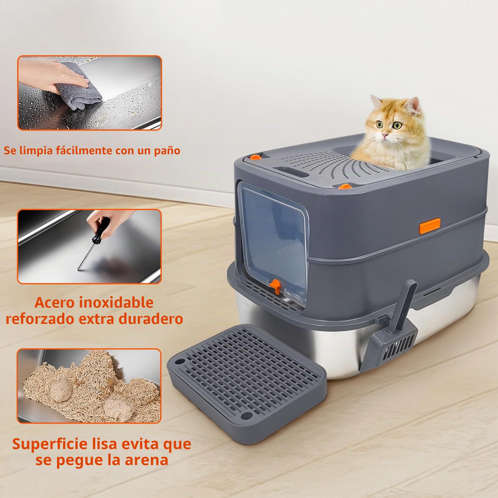 BingoPaw Arenero Gatos Acero Inoxidable Caja de Arena para Gatos Cerrado Grande Metal Extraíble Litter Box Anti-Fugas, Sin Olor, Fácil de Limpiar Cat WC con Pala y Cernidor 58x42x42cm, Gris