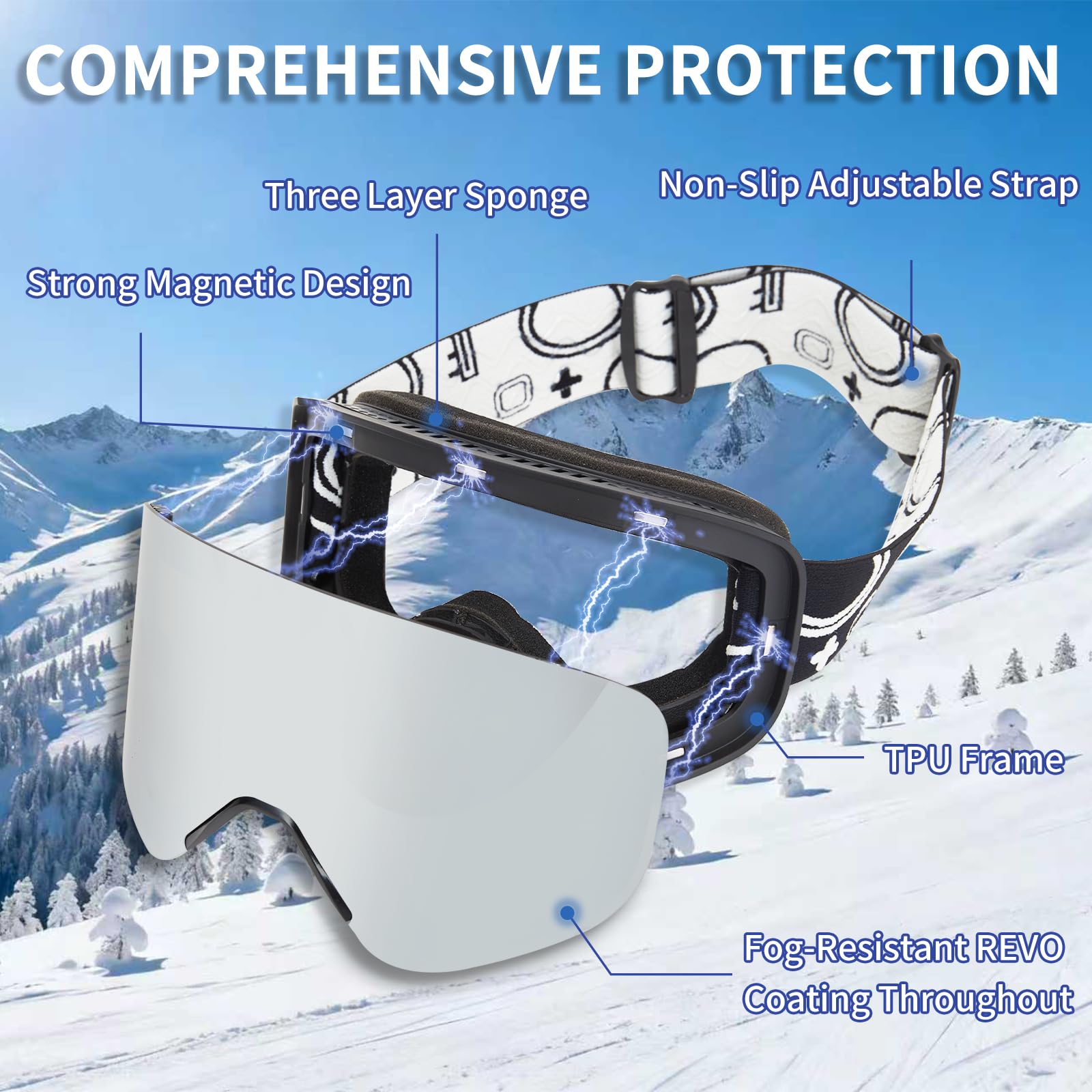 VCOROS Masque de Ski YH879B avec Magnétique Lentille pour Unisexes | Interchangeable Lunettes de Ski OTG Ajustables Anti Buée Coupe-Vent Anti-UV Lunettes de Snowboard pour Ski