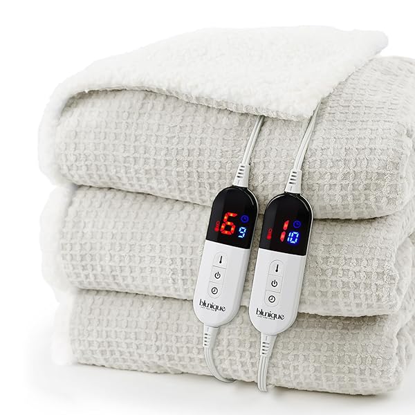 Electric Blanket King Waffle, 90x100 Inches, Dual Controllers, Sherpa Fleece, 6 Heating Levels, 10 Hours Auto Off, ETL Certified, Beige King