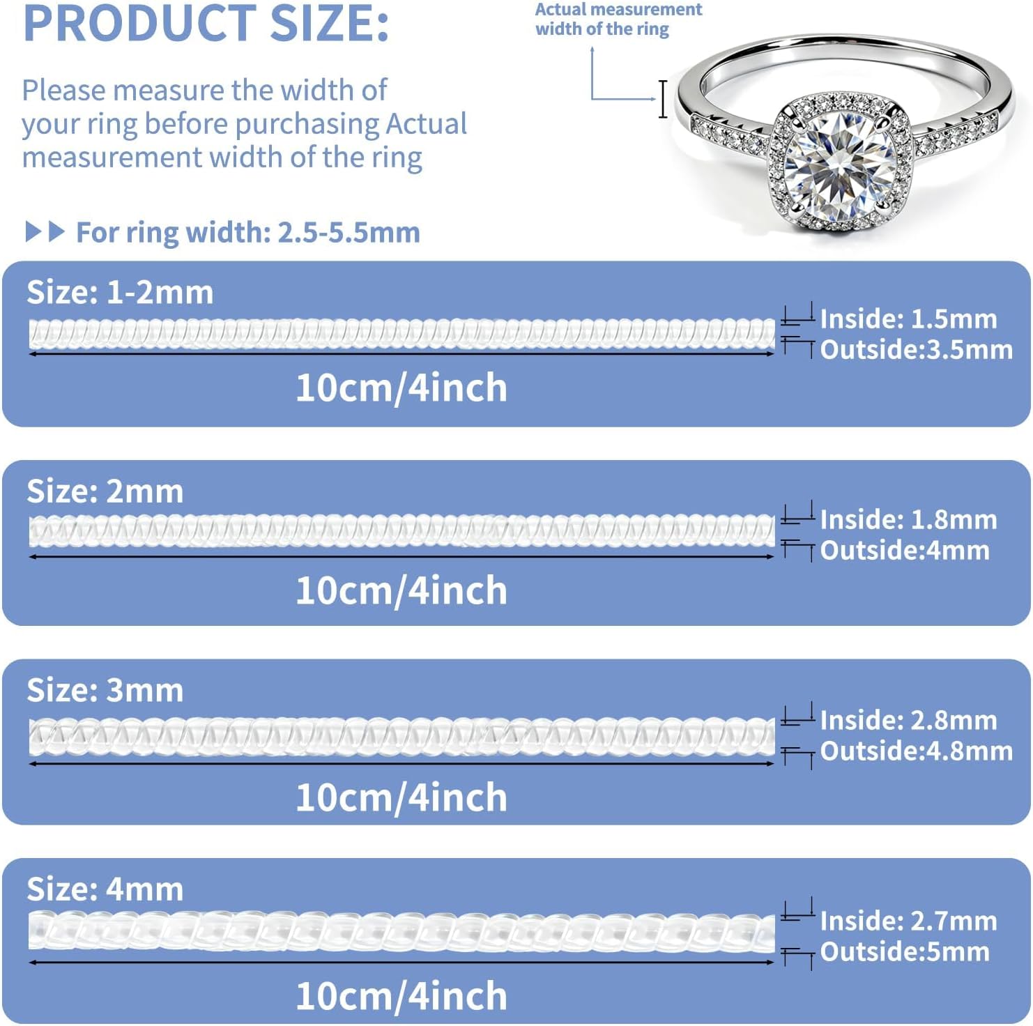 Ring Sizers for Loose Rings, Invisible Silicone Ring Size Adjuster Kit for All Ring Widths | Spiral Tighteners & Clip On Reducer Strips, Ring Measuring Tool & Polishing Cloth for Wedding Band Engagement Rings