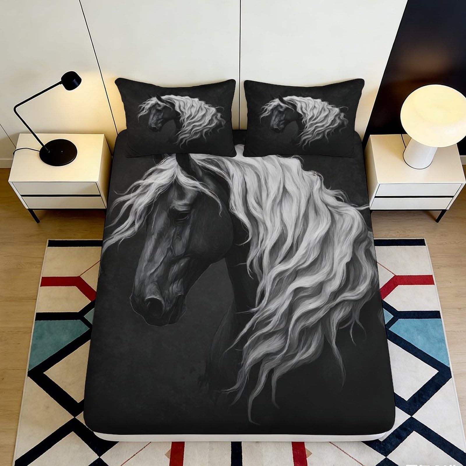 3D Printed Black Horse Fitted Sheet Microfiber Bedroom Decor White Mane Mattress Cover for Home Guest Room 90x200x25cm