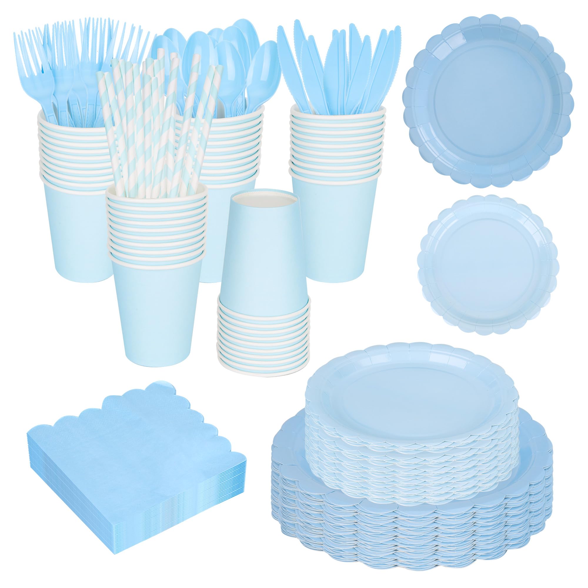 WENLISELL 240 PCS Blue Party Tableware Set 30 Guests, Include Paper Plates and Napkins, Cups, Straws, Spoons, Knives, Tablespoons, Forks for Party, Birthday, Wedding