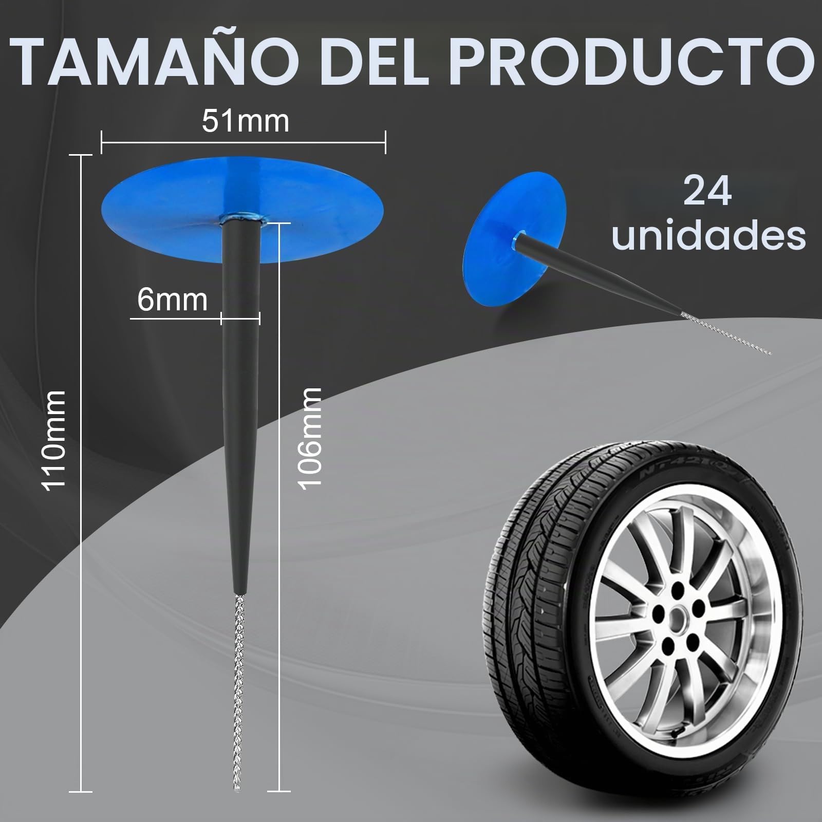 EXLECO Kit Reparación Neumático, 24Pcs (6 x 51 mm) Parches de Goma, Kit Repara Pinchazos, Reparacion de Neumaticos sin Cámara Universal, Parche de Seta de Neumático para Coche Motocicleta Bicicleta