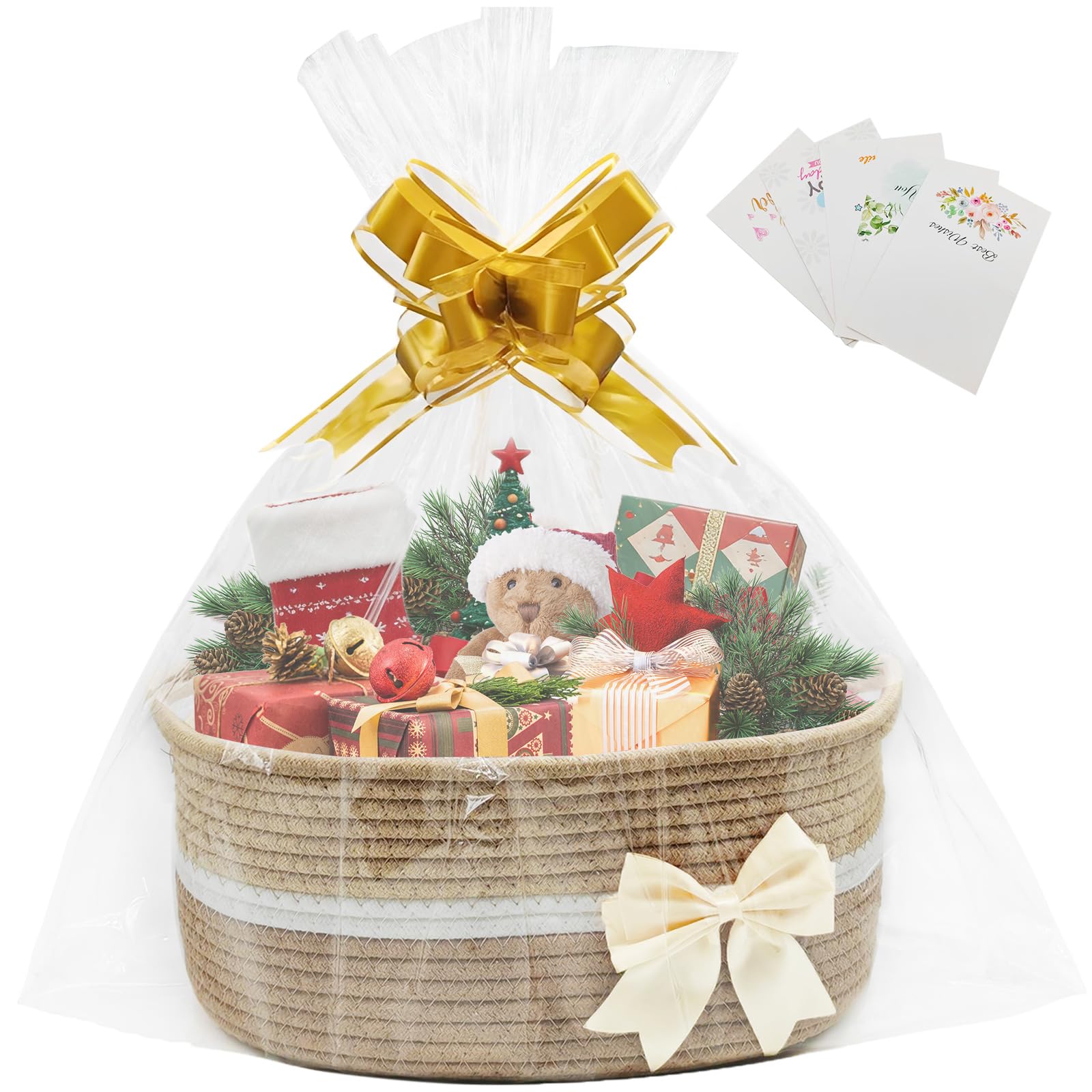 Panier cadeau en coton tissé vide avec nœuds, sacs et papier déchiqueté, pour fête prénatale, remise de diplôme, pendaison de crémaillère, Pâques, 32 x 24 x 14 cm, café