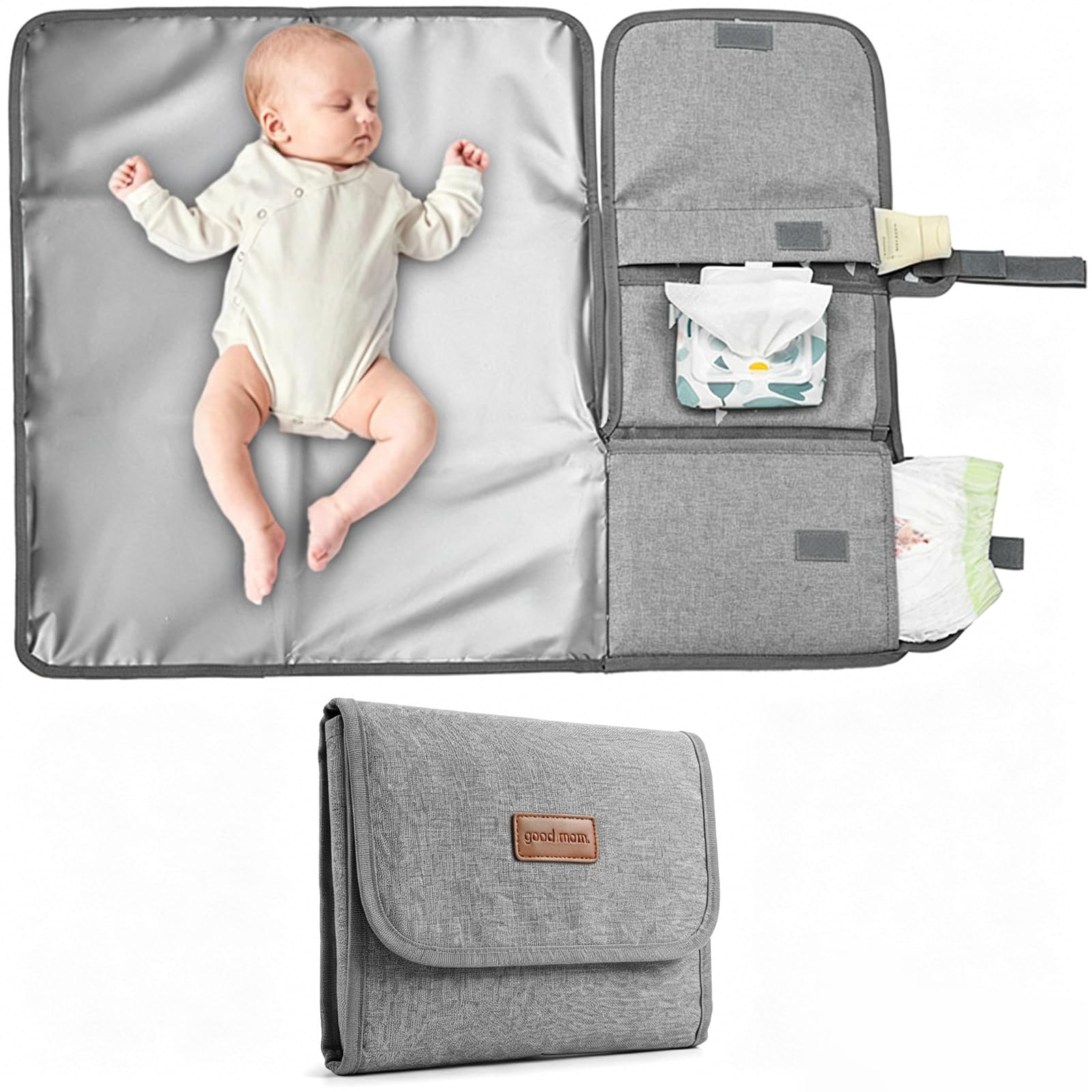 Naapesi Portable Changing Pad, Waterproof Diaper Changing Mat with Storage Pockets, Foldable Travel Nappy Changing Pad for Newborns, Washable Cotton Mat for Toddlers (Grey)