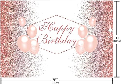 Miniatura 5 de Sendy Telón de fondo de feliz cumpleaños de oro rosa de 7 x 5 pies para niñas, globos de oro rosa, fondo de fotografía de cumpleaños, decoración de