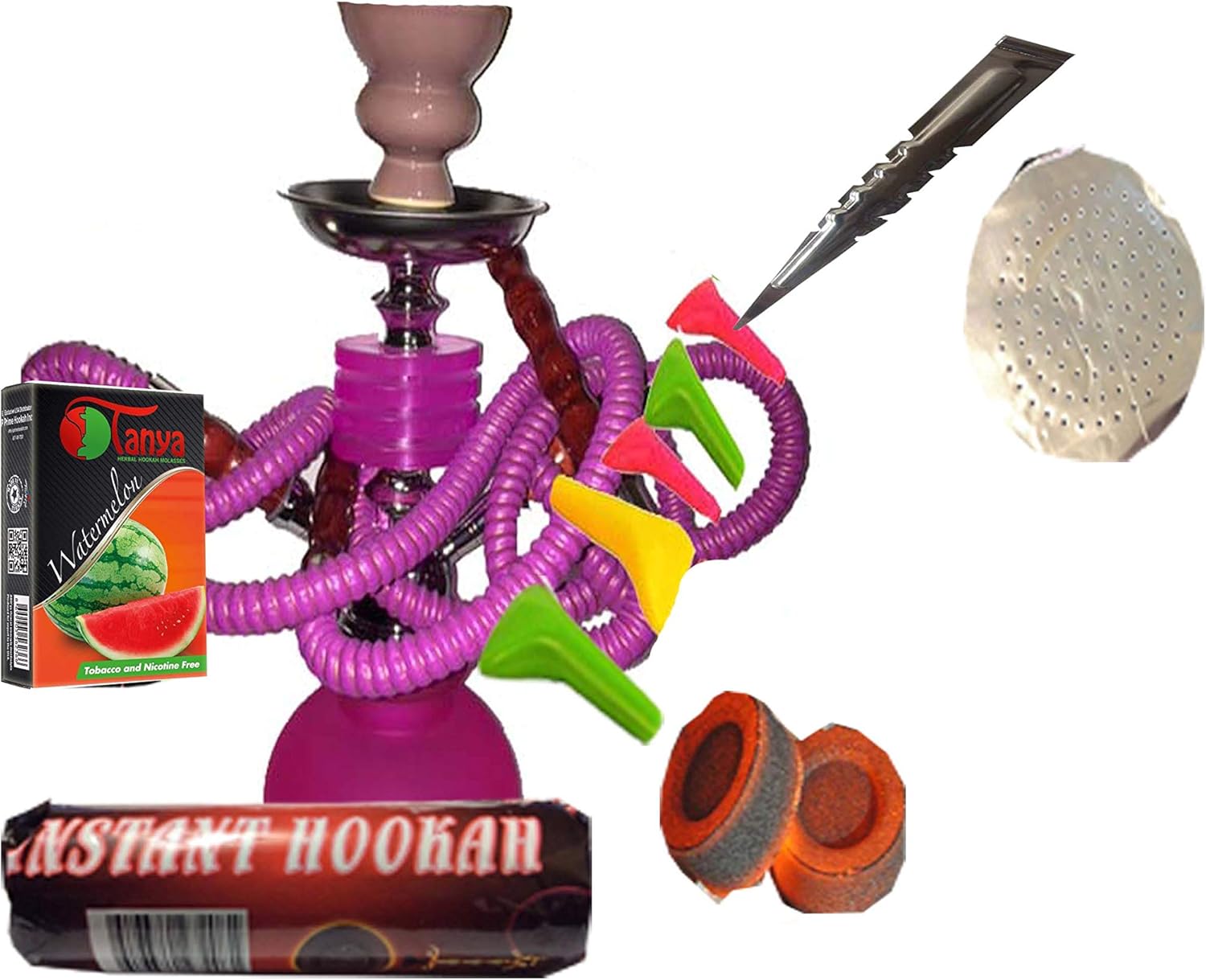 Hookah,2 Hose,Water Shisha Bong Glass Smoking,Free charcoal &Mouth tips, Foil and 1