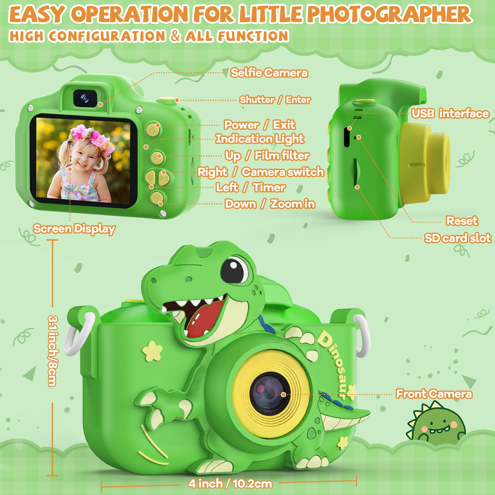 Kinderkamera, 1080P Kinder Kamera Dinosaurier Spielzeug, 2,0" Bildschirm Fotoapparat Digitalkamera Spielzeug Geschenk für Jungen Mädchen 3 4 5 6 7 8 9 10 Jahre, 32 GB SD-Karte und Silikonhülle (Grün)