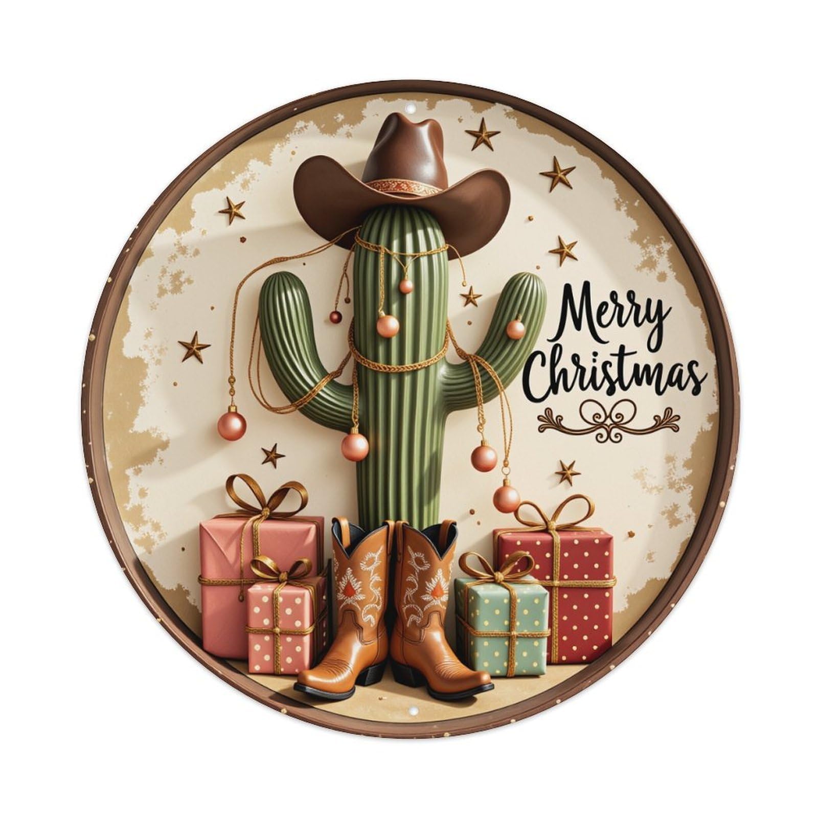 Cactus Cowboy Christmas Gift Stars Round Tin Sign Vintage Metal Poster, Home Bar Garage Man Cave Cafe Indoor & Outdoor Wall Decoration 8x8Inches