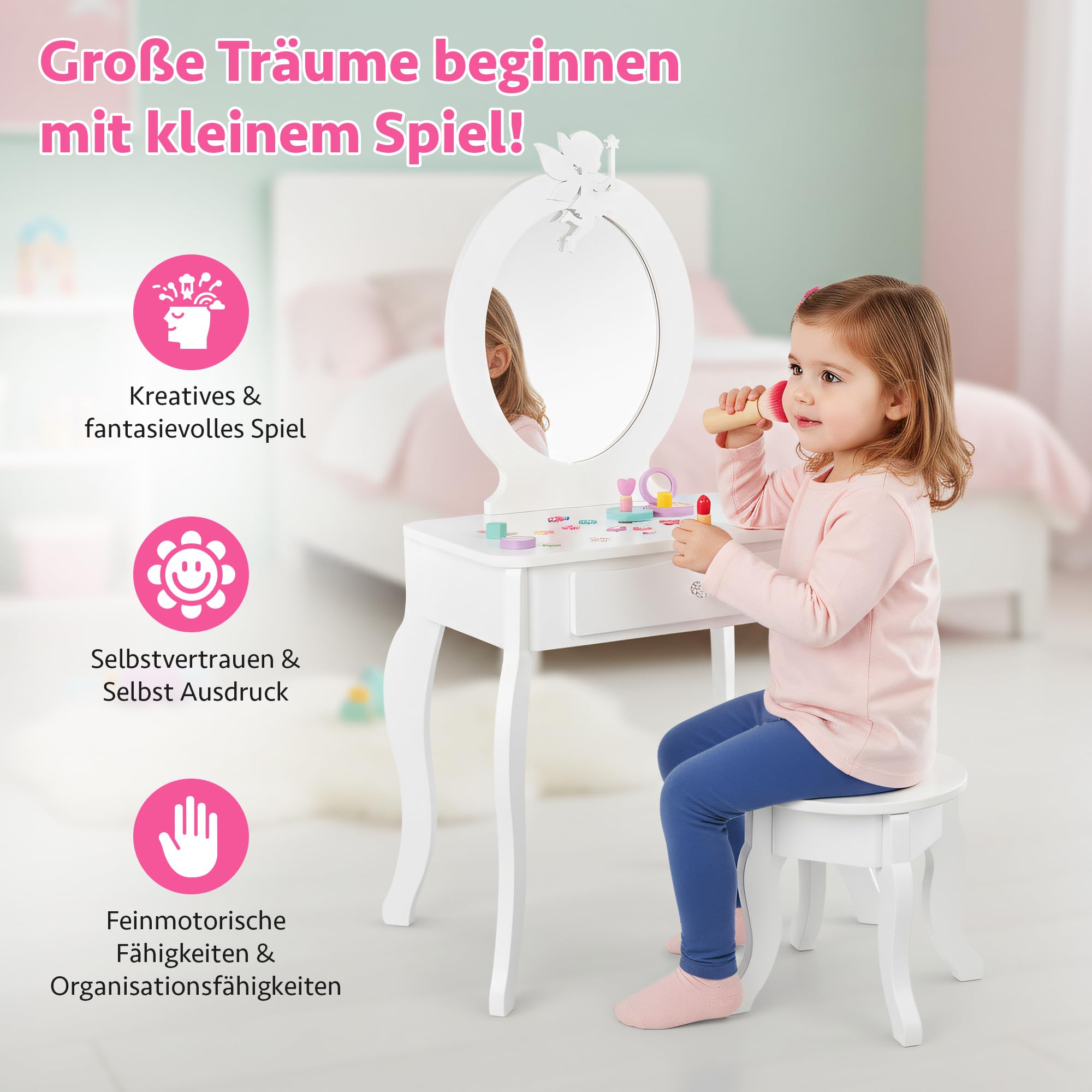 Green series Kinder Schminktisch aus Holz mit Spiegel & Hocker – Toaletttisch Mädchen mit Schublade & Aufklebern | Kinder Schminkkommode Holz, Schminktisch Kinderzimmer, Geschenk für Mädchen – GS3310