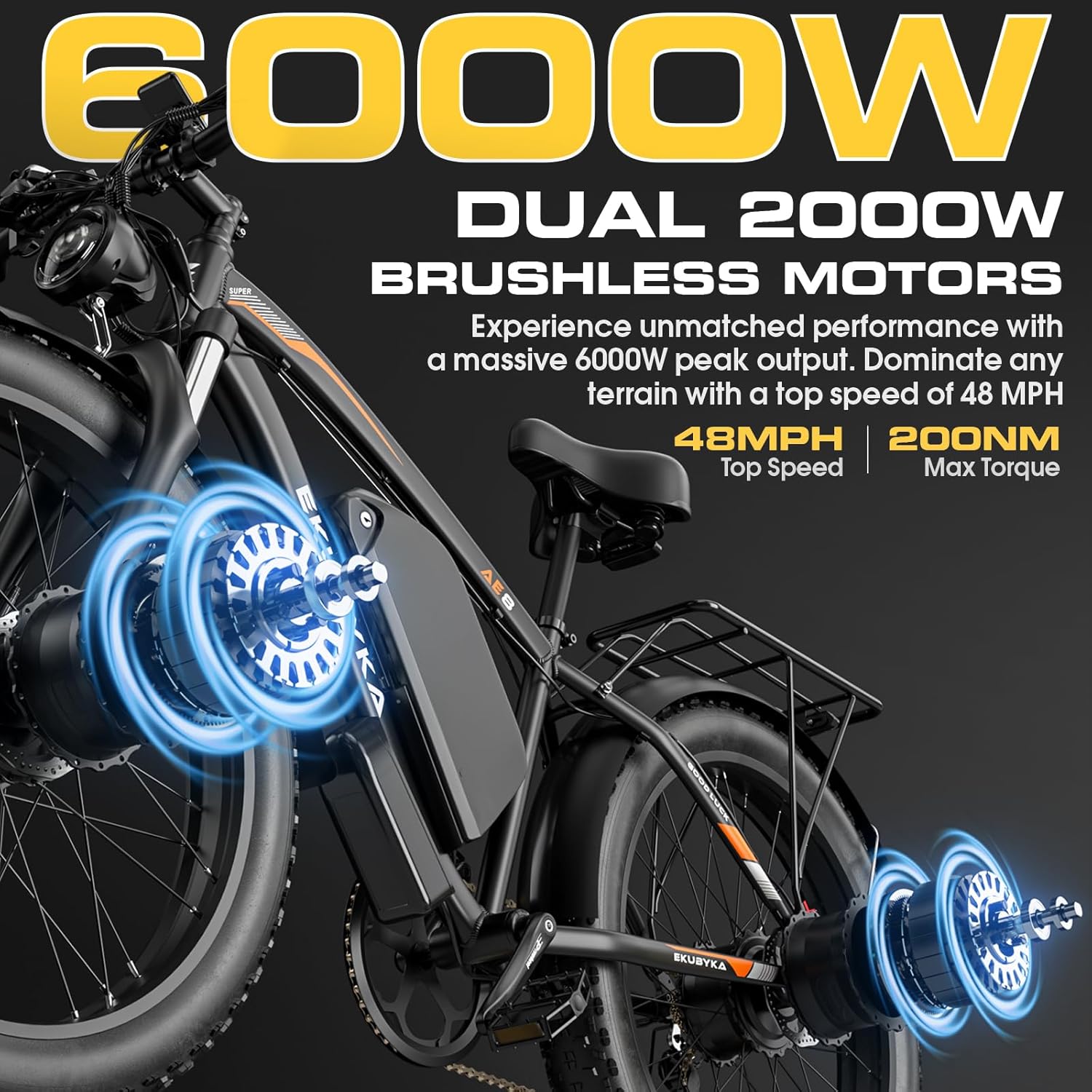 Electric Bike 6000W Dual Motor Ebike 48 MPH 52V 36Ah Ebikes 100 Miles Range 24/26" Fat Tire Hydraulic Brakes Electric Dirt Bike for Snow Sand Mountain Commute