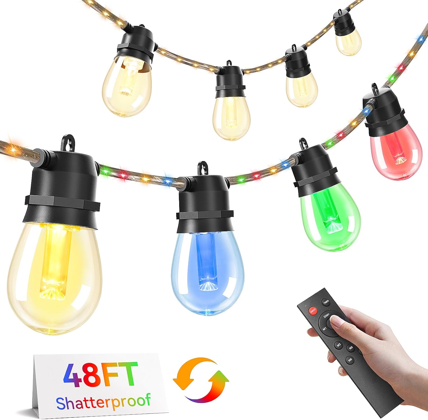 Brightever LED Outdoor String Lights Waterproof, RGBW 48FT Patio Lights with 15 S14 LED Bulbs, Heavy-Duty Outdoor Hanging Lights with Remote and Timer, Color Changing Christmas Decor for Yard, Plug-in 48FT-Illuminated Cable