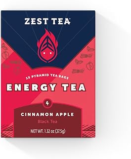 Zest Tea Premium Energy Hot Tea, High Caffeine Blend Natural & Healthy Traditional Coffee Substitute, Perfect for Keto, 150 mg Caffeine per Serving, Apple Cinnamon Black Tea, Box of 15 Sachet Bags