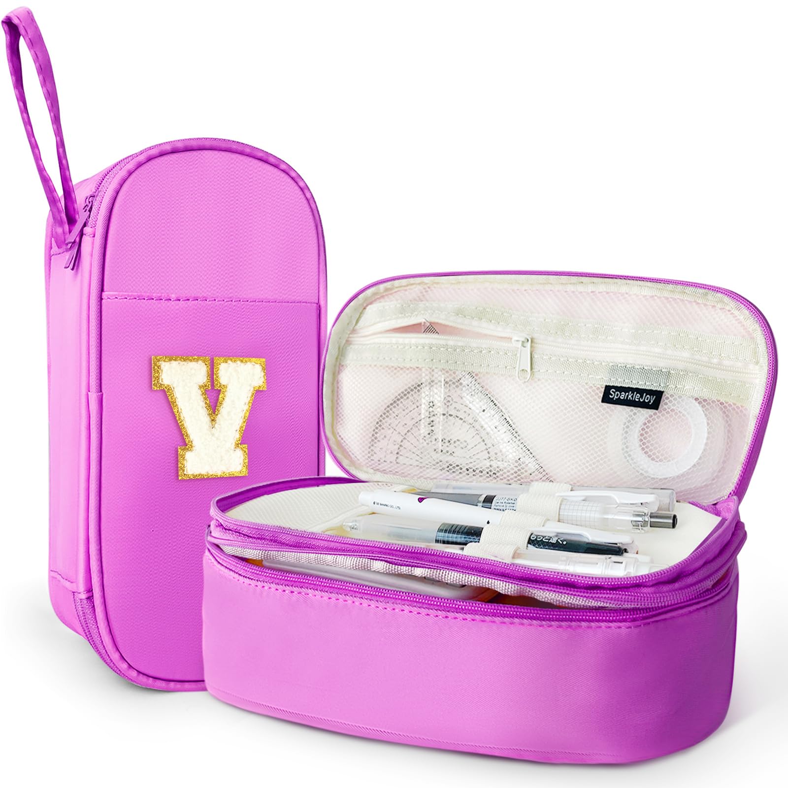 SparkleJoy Large Pencil Case for Girls, Personalised with Plush Letter (A-Z), Double Compartment School Supplies for Pens & Stationery, Cute Kawaii Gift for Teens & Adolescents&Woman (V, Purple)