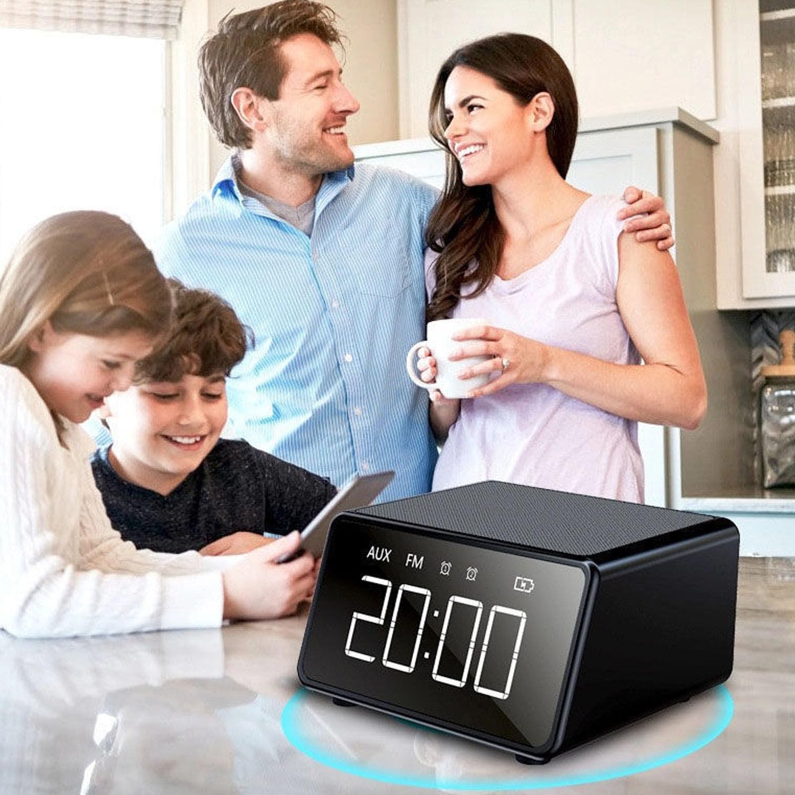 Jectse Sveglia Digitale Altoparlante, Caricabatterie Wireless da 10 W con Display LED da 5 Pollici Radio FM Microfono Integrato, per Comodino
