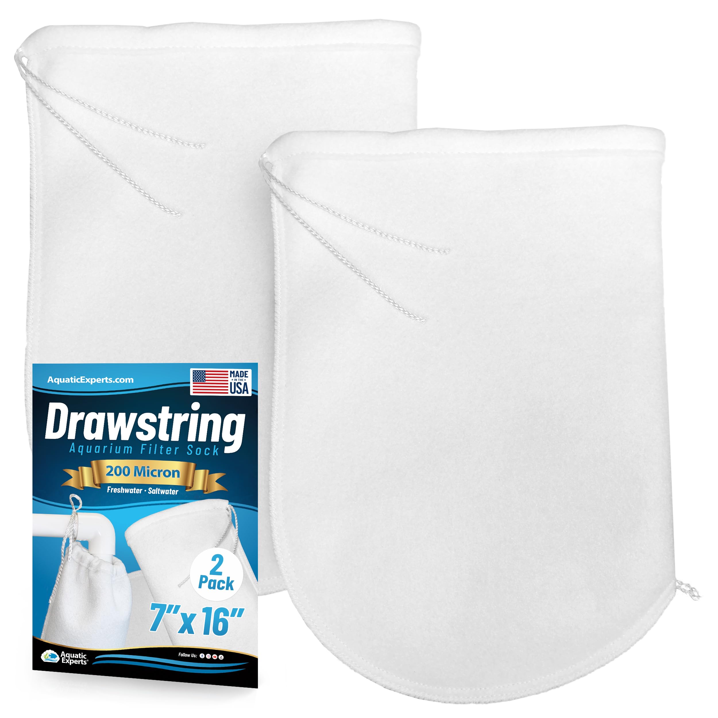 Aquatic Experts 200 Micron Drawstring Filter Sock - Filter Socks for Saltwater Aquarium, Sump Filter Sock, Freshwater Aquarium Filter Sock - Custom Made in The USA (7 inch by 16 inch, 2 Pack)