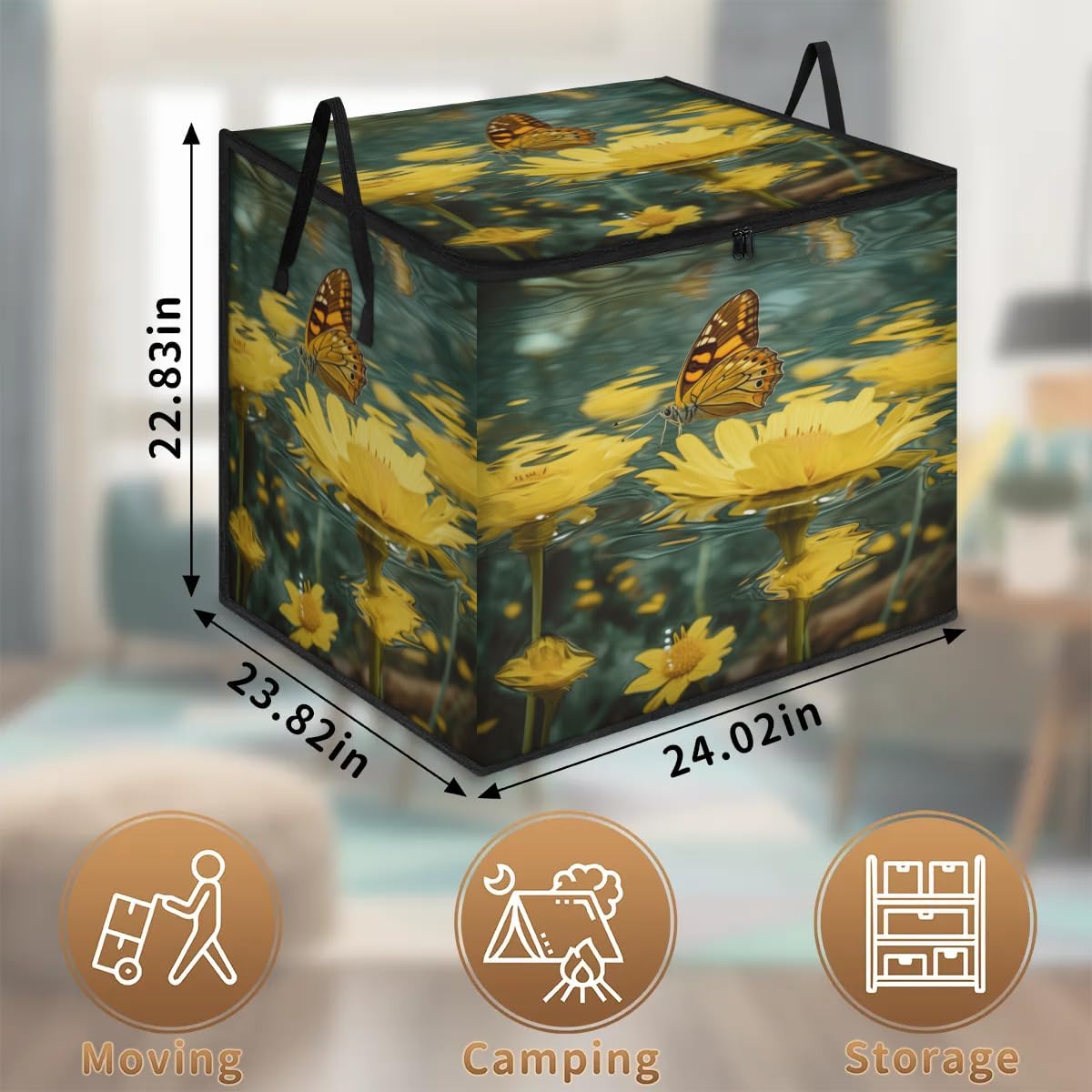 Honeybaby 214L Extra Large Comforter Storage Bag Yellow Daisy Butterfly Storage Totes with Lids Waterproof Closet Organizer Folding Blanket Storage Bags for Clothes Bedding Pillows