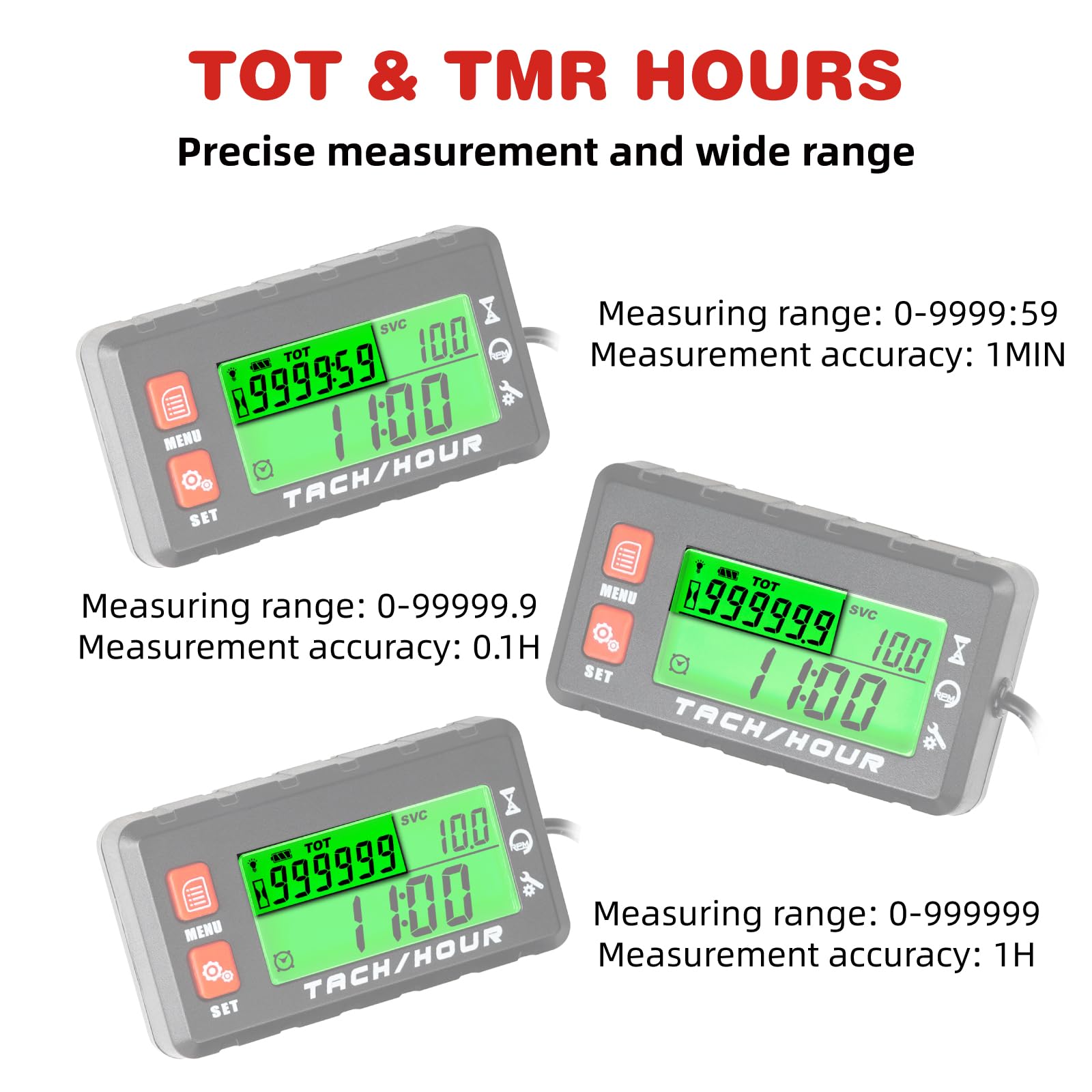 "RileyFine HM058J Compteur d’heure numérique Tachymètre, noir, 75 * 20 * 43 (millimetro) Tachymètre RPM, chronométrage TOT, rappel SVC et SVC2, utilisation pour tondeuse à gazon, tracteur, moto, VTT