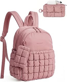 BAGSMART Mini Backpacks for Women, Puffy Checkered Quilted with Pouch | Small Backpack Lightweight Daypack Purse, Water-Resistant Bookbag for Daily Travel College, 2-in-1 Set, Dark Pink