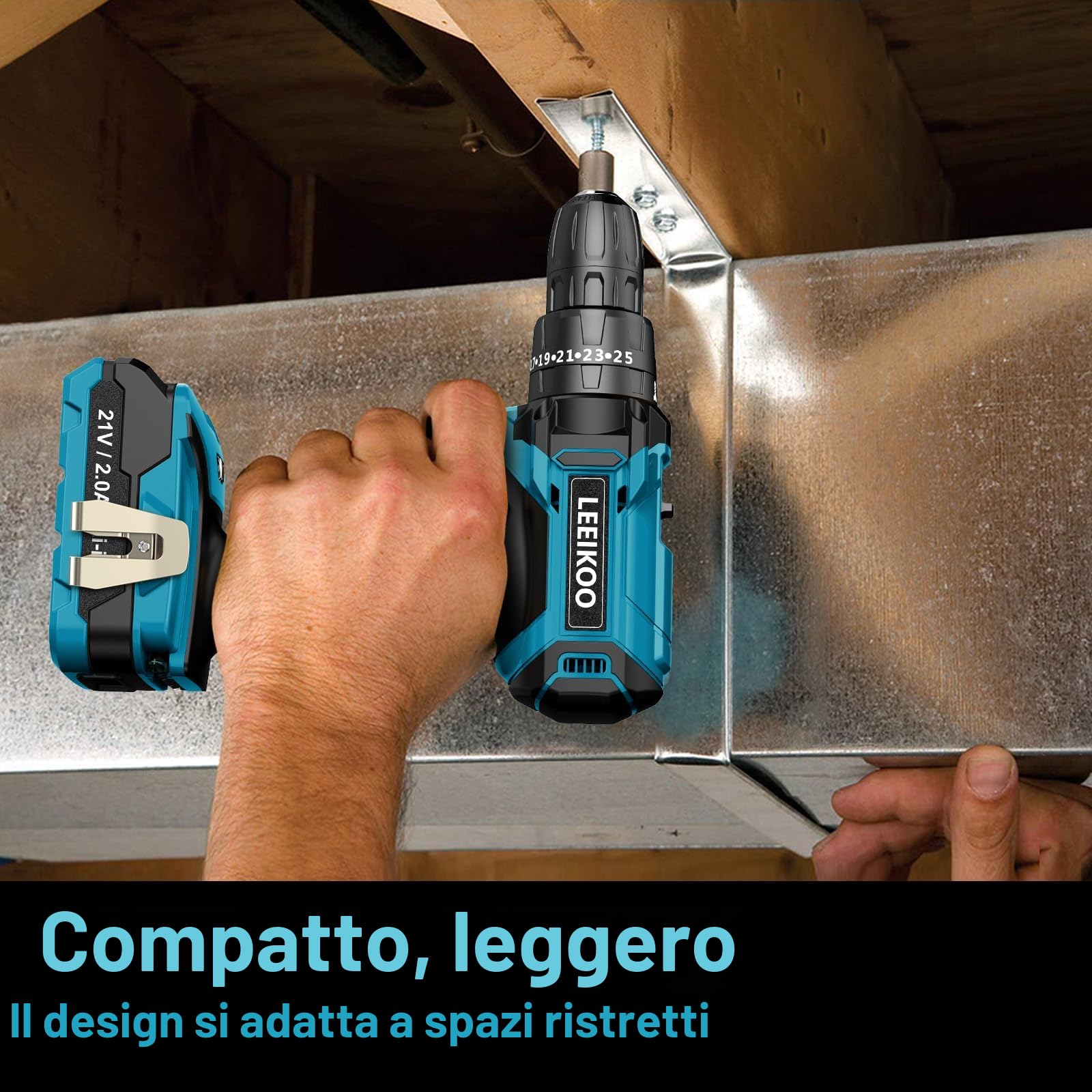 Trapano Avvitatore Batteria 21V, LEEIKOO Avvitatore a Batteria con Batterie 2.0Ah, 42N.m Avvitatore Elettrico, 25+3 Coppie, 2 Velocità, LED Luce(Sotto la Maniglia), 23PCS Accessori per Fai da te