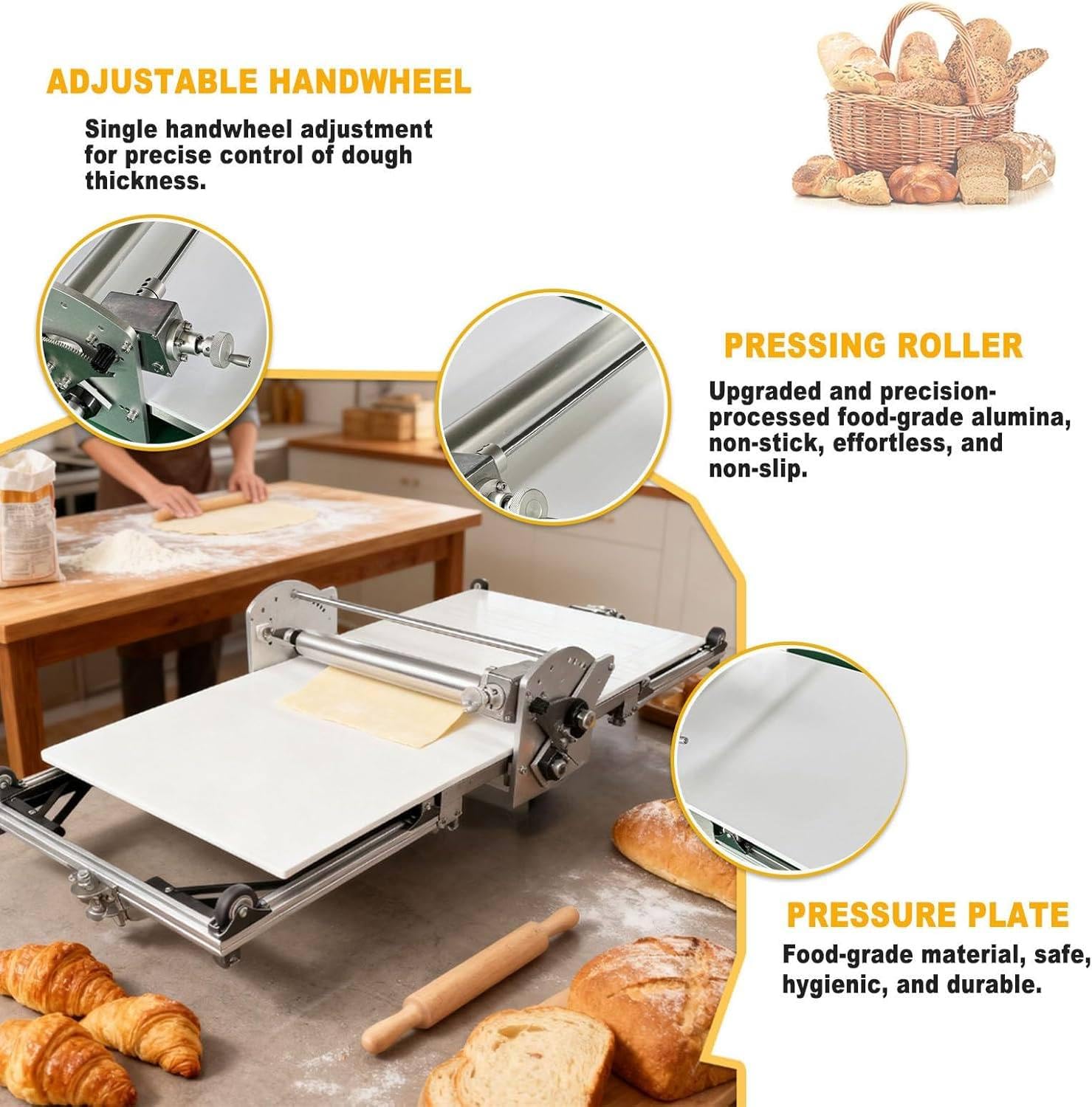 Laminadora de Masa eléctrica Plegable, laminadora de Pasta Plegable, laminadora Manual de Masa, laminadora de Masa eléctrica de Acero Inoxidable, para Uso doméstico y Comercial.
