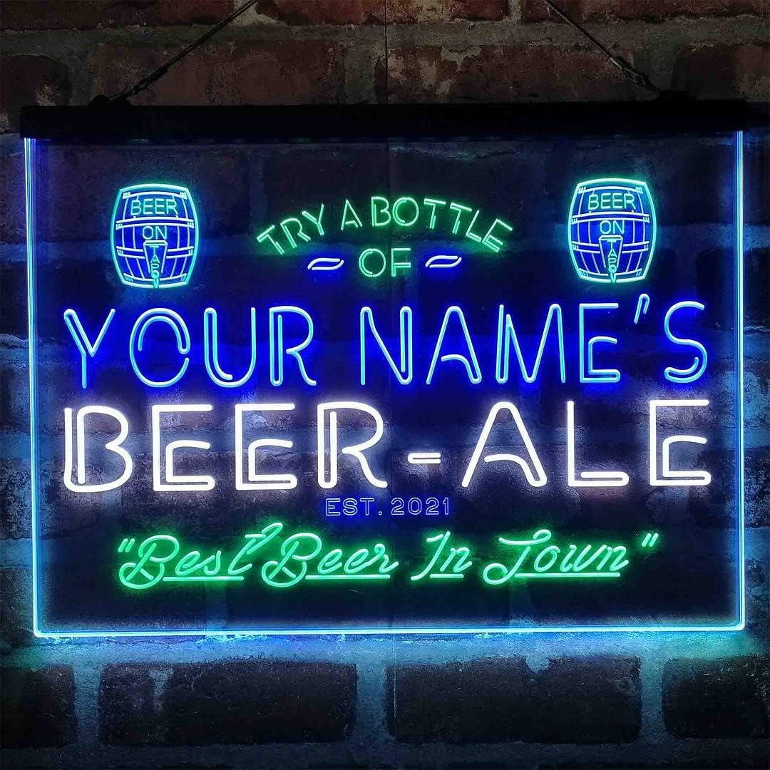 Personalized Bar Beer Ale Pub Tri-Color LED Neon Light Sign Customize Name Date Text Quote Font White & Green & Blue 23.6 x 17.1 Inches st9s64-pn1-tm-wgb