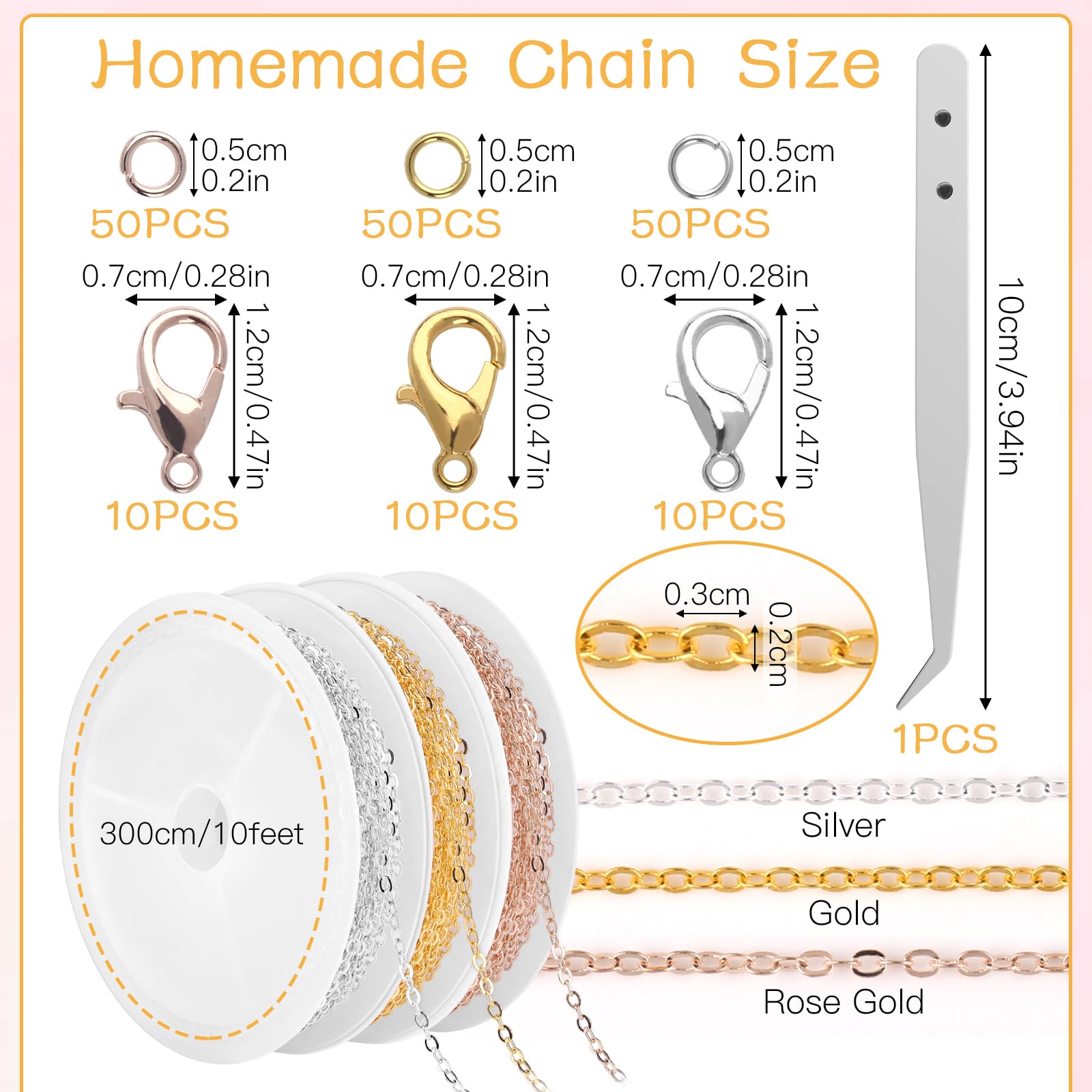 JIANGZHIB 3 Rolls 300 cm Link Chain, 3 Colours Chains, Rose Gold, Gold and Silver - Image 2