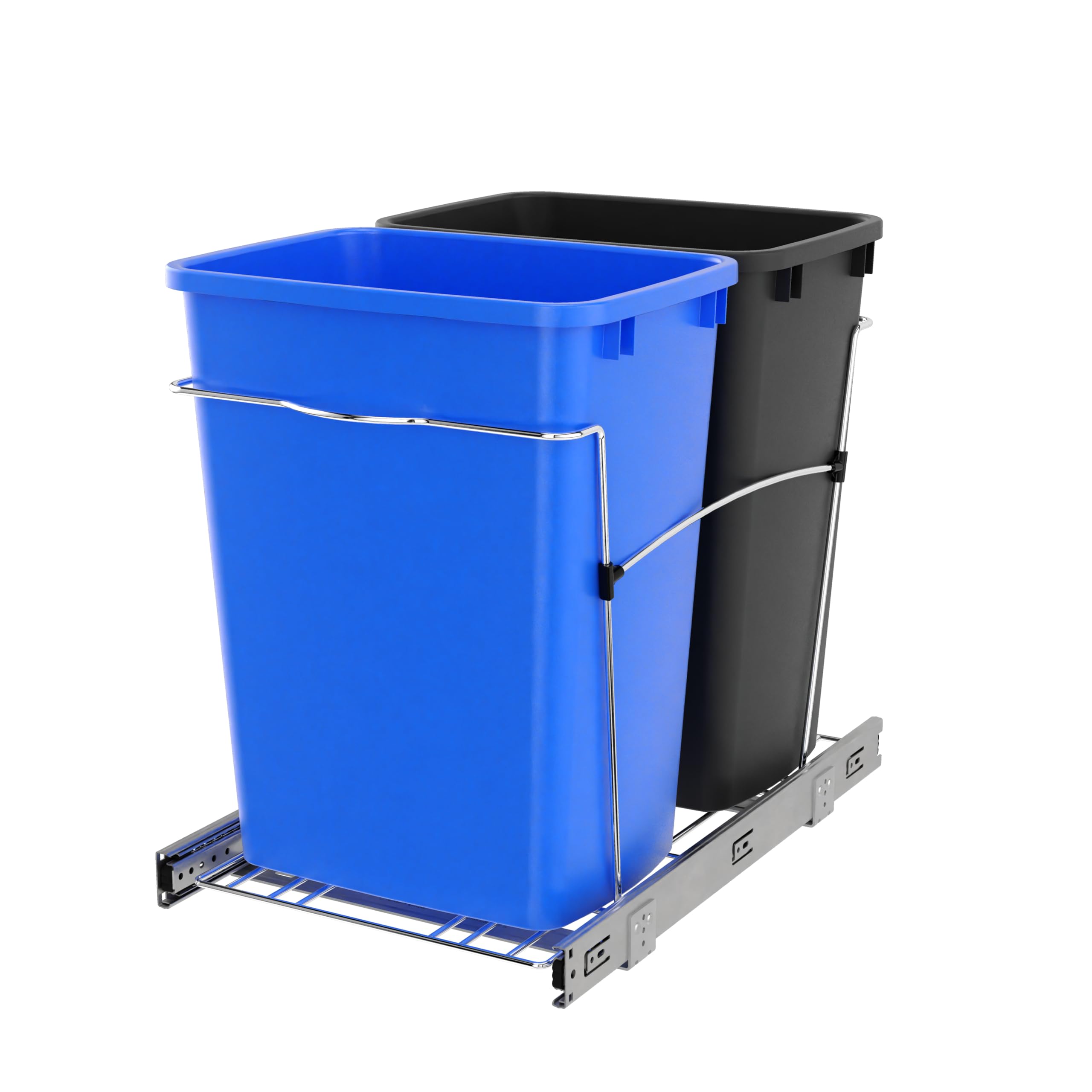 Rev-A-Shelf RV-18KD-2218C-S Double Pullout Trash Cans for Kitchen Cabinets 35 Quart Garbage Recycling Bin on Full Slides, Blue/Black