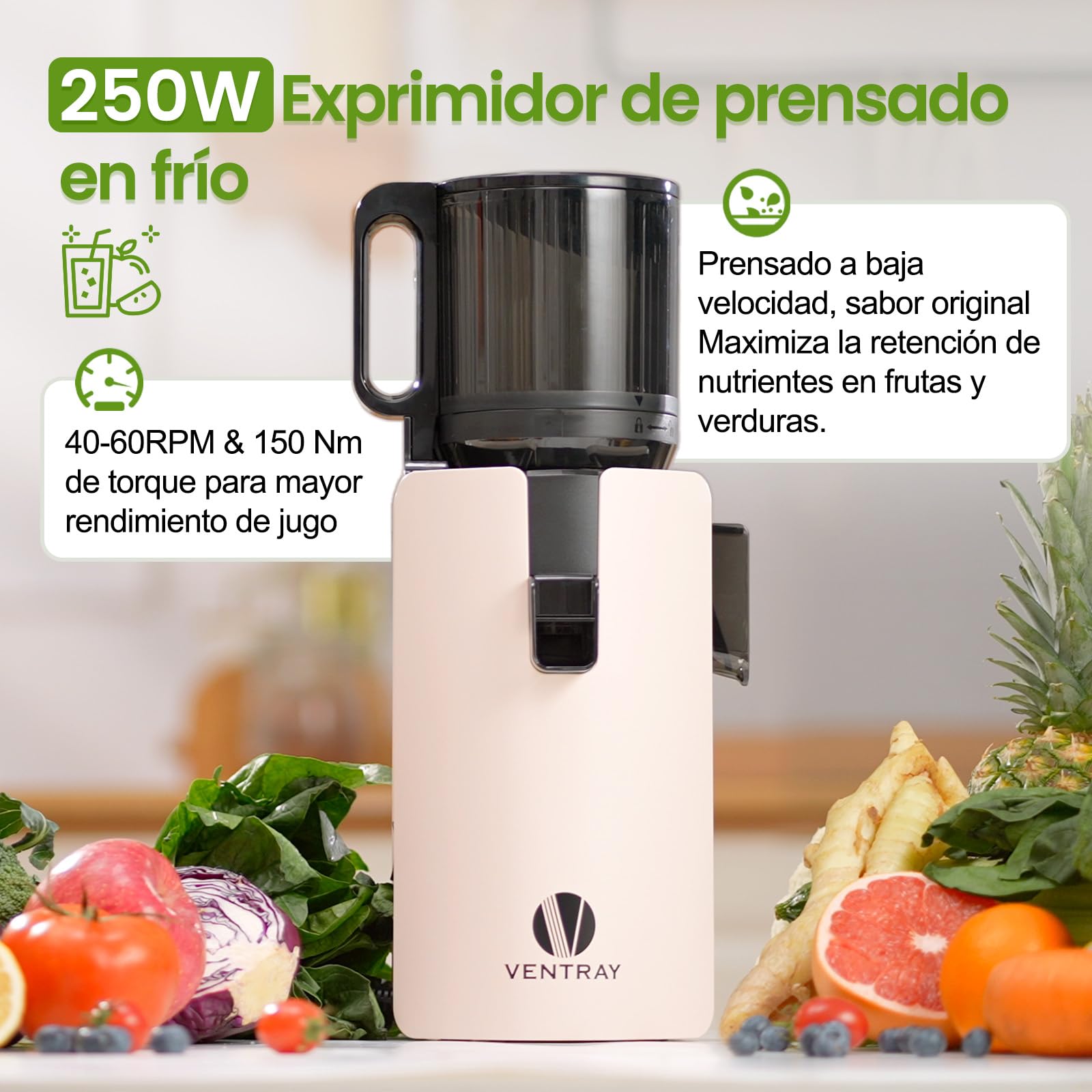 Ventray Extractor de Zumos Slow Juicer | Prensado en Frío con Apertura Ancha de 120mm para Frutas y Verduras Enteras | Sistema de Doble Filtrado | Fácil Limpieza | 250W | Sin BPA - Marfil