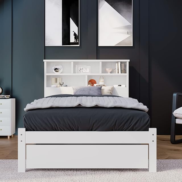 LTGB Single Bed with Shelves, 2022 New White Wooden Storage Bed with Underbed Drawer, Ideal for Any Room, Suitable for Adults Kids Teenages, No Mattress - 3FTUK Fast Delivery