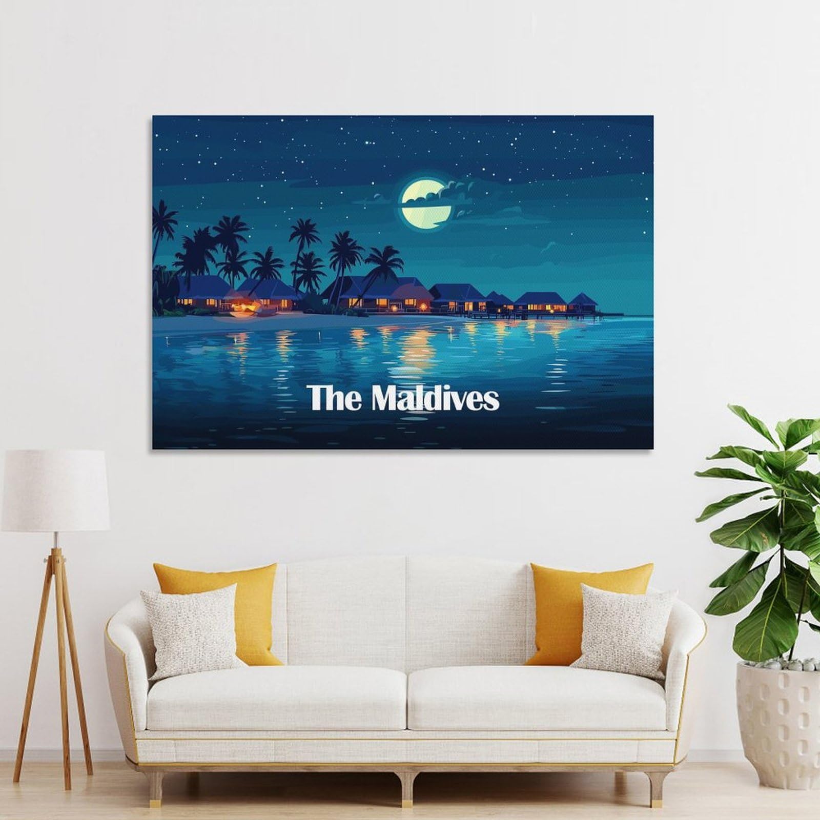 Junmoney Unframe-Style-7-1 Nighttime Maldives Beach Resort Illustration Decorative Canvas Print, 20X30inch(50X75cm), For Gallery Wall Decor And Room Displays, Wall Decor Suited To Curated Displays