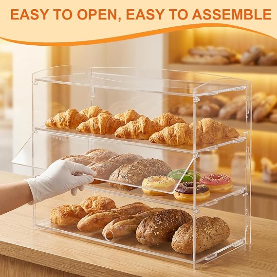 3-Tier Bakery Display Case,Commercial Countertop Acrylic Bakery Display Case With Bread Tong,Dustproof Clear Showcase for Cupcakes, Pastries, Food Storage 48×23×39cm