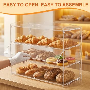 3-Tier Bakery Display Case,Commercial Countertop Acrylic Bakery Display Case With Bread Tong,Dustproof Clear Showcase for Cupcakes, Pastries, Food Storage 48×23×39cm