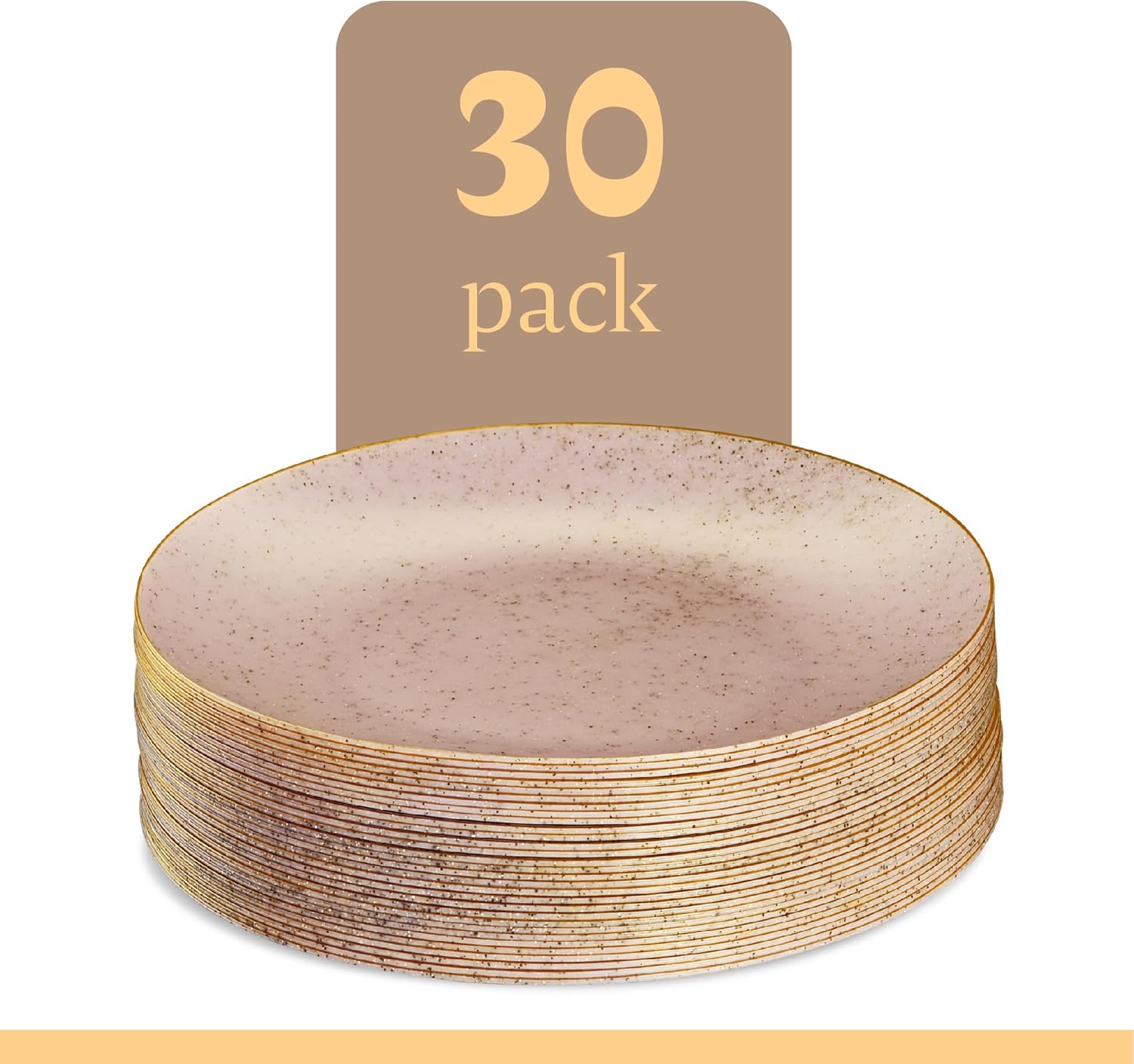 PLASTICPRO 30 Pack Disposable Plastic Plates Heavyweight Granite Look Elegant 9 inch Dinner Plates Pink with Gold Rim