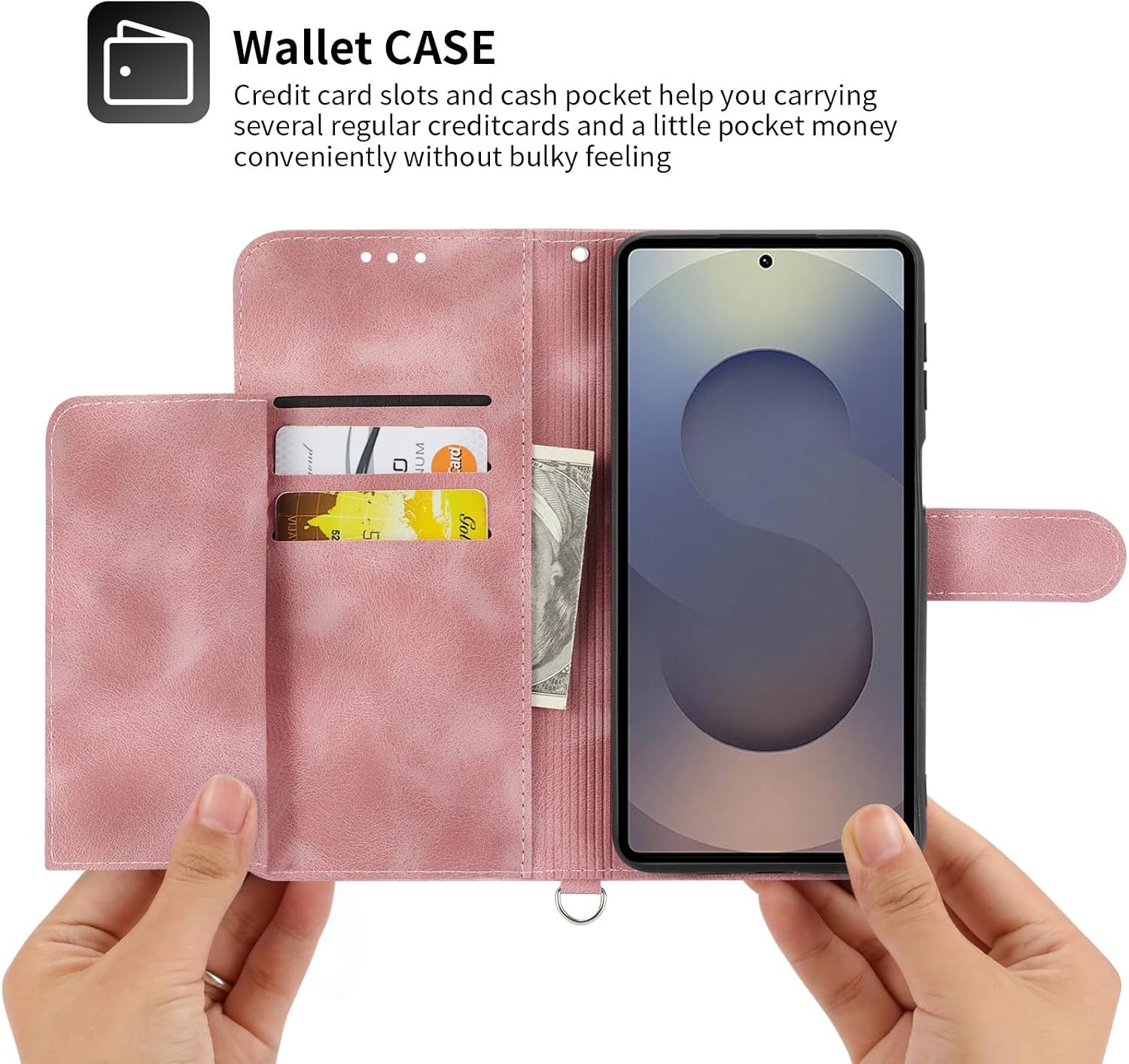 Wallet Case for Samsung Galaxy S25 Ultra 5G with Wrist Strap Crossbody Shoulder Strap, Embossed Leather Flip Credit Cell Phone Cover for S25Ultra 25S S 25 25Ultra 6.9 2025 Women Girls Pink