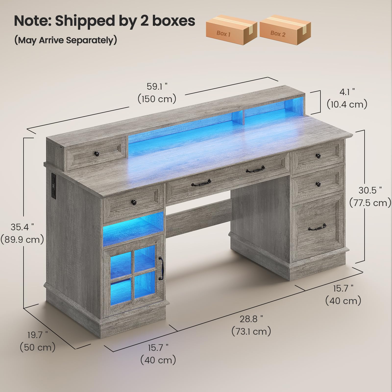 HAUOMS Farmhouse Executive Desk with Drawers Computer Desk with File Drawers, Power Outlet and Led Lights, Executive Office Desk with Storage Cabinet and Monitor Shelf for Home Office,: Grey