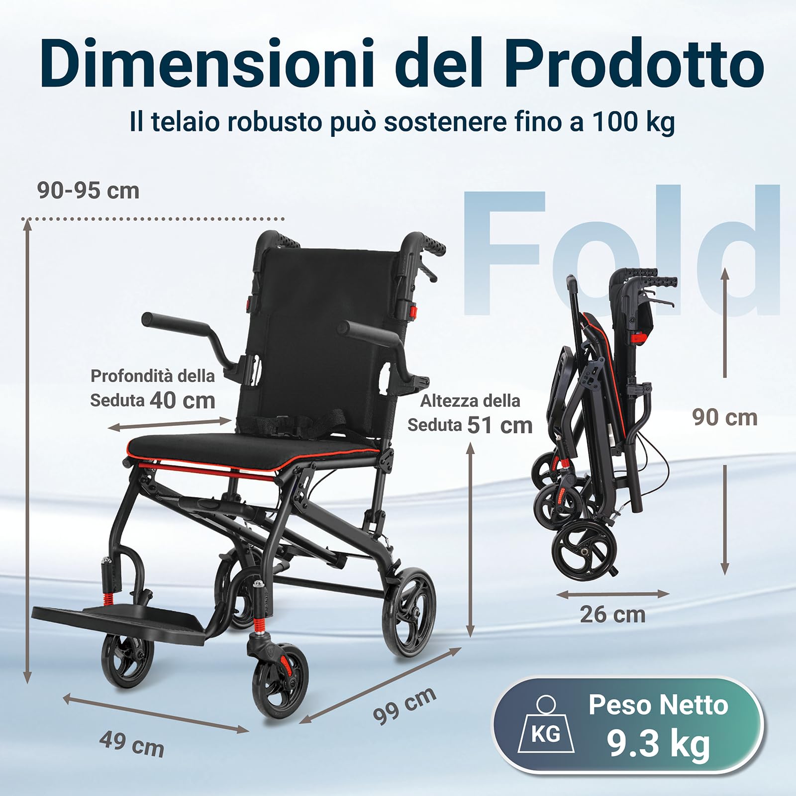 Sedia a Rotelle Pieghevole Sedia a Rotelle Trasporto Stretta Sedia a Rotelle pieghevole super-leggera da transito in alluminio per Disabili e Anziani Ergonomia Portata Massima 100 kg (Nero)