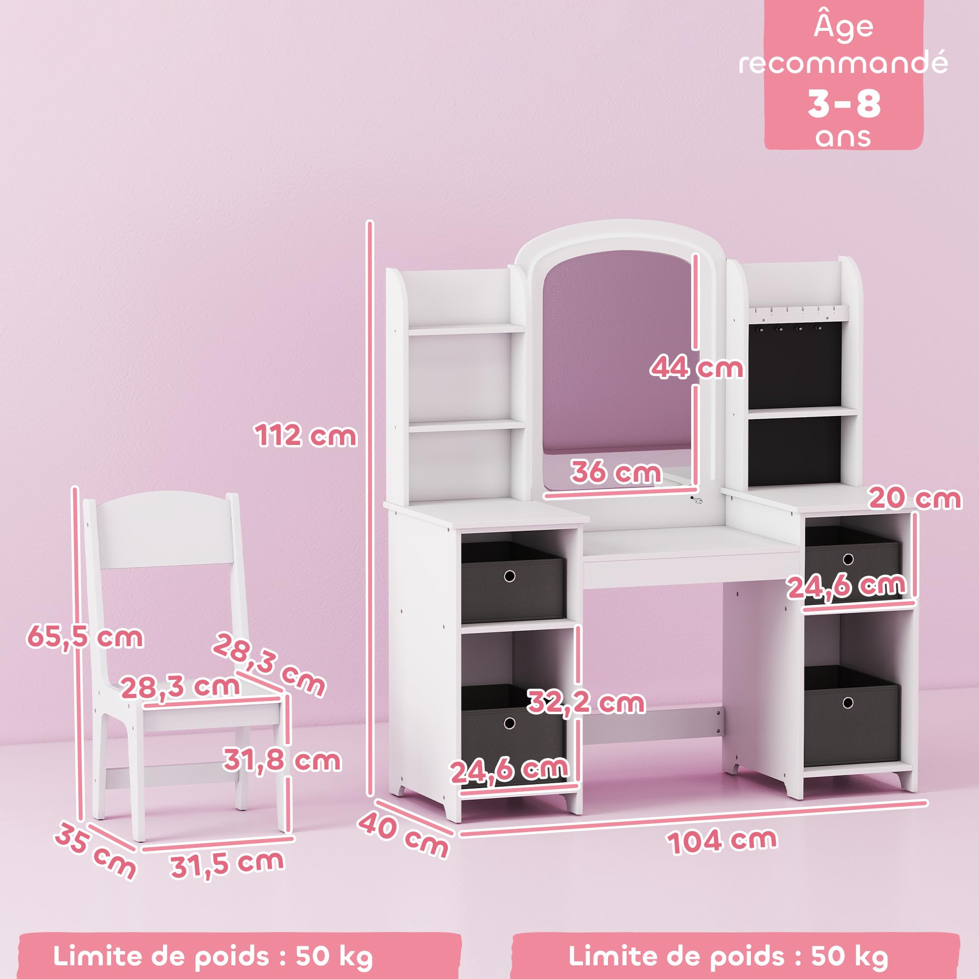AIYAPLAY Coiffeuse pour Enfants avec Tabouret et Miroir LED, Coiffeuse Fille en Bois avec tiroirs en Tissu, étagères Ouvertes et Crochets à Bijoux, Table de Maquillage pour 3 à 8 Ans, Blanc