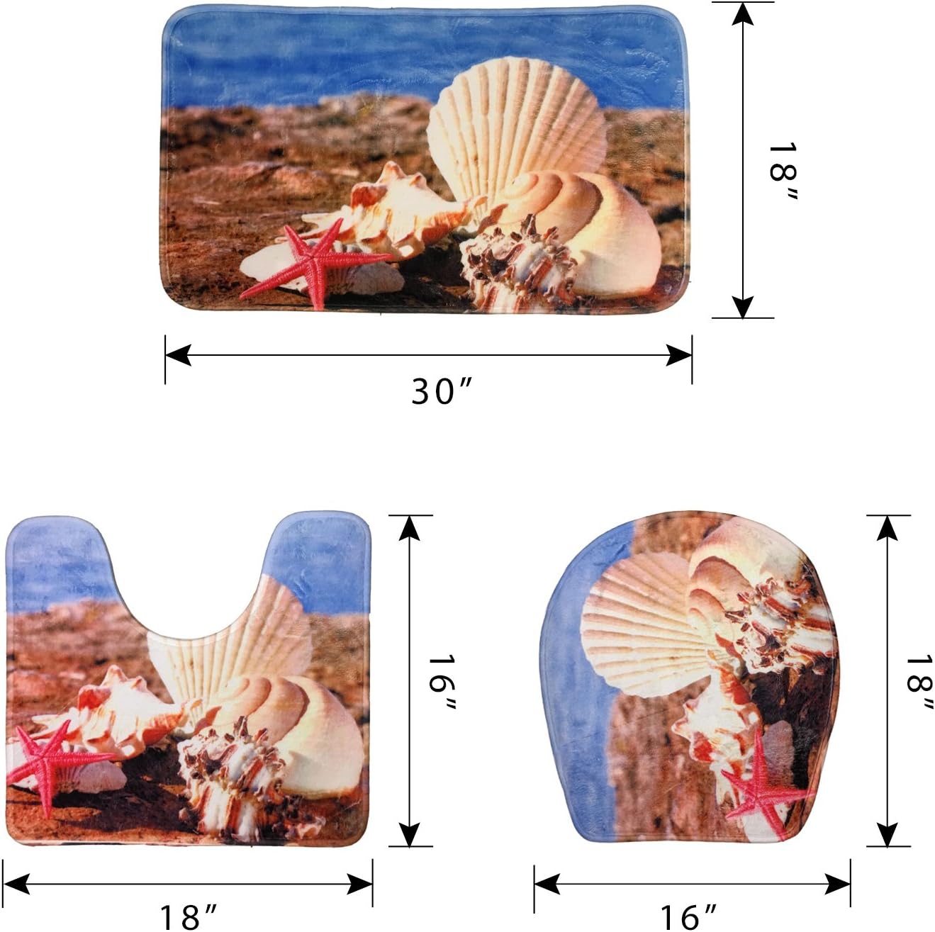 Bath Mat Set Toilet Rug 3 Piece Non Slip Bathroom Washable Sea Beach Dolphin Starfish (Seashell)