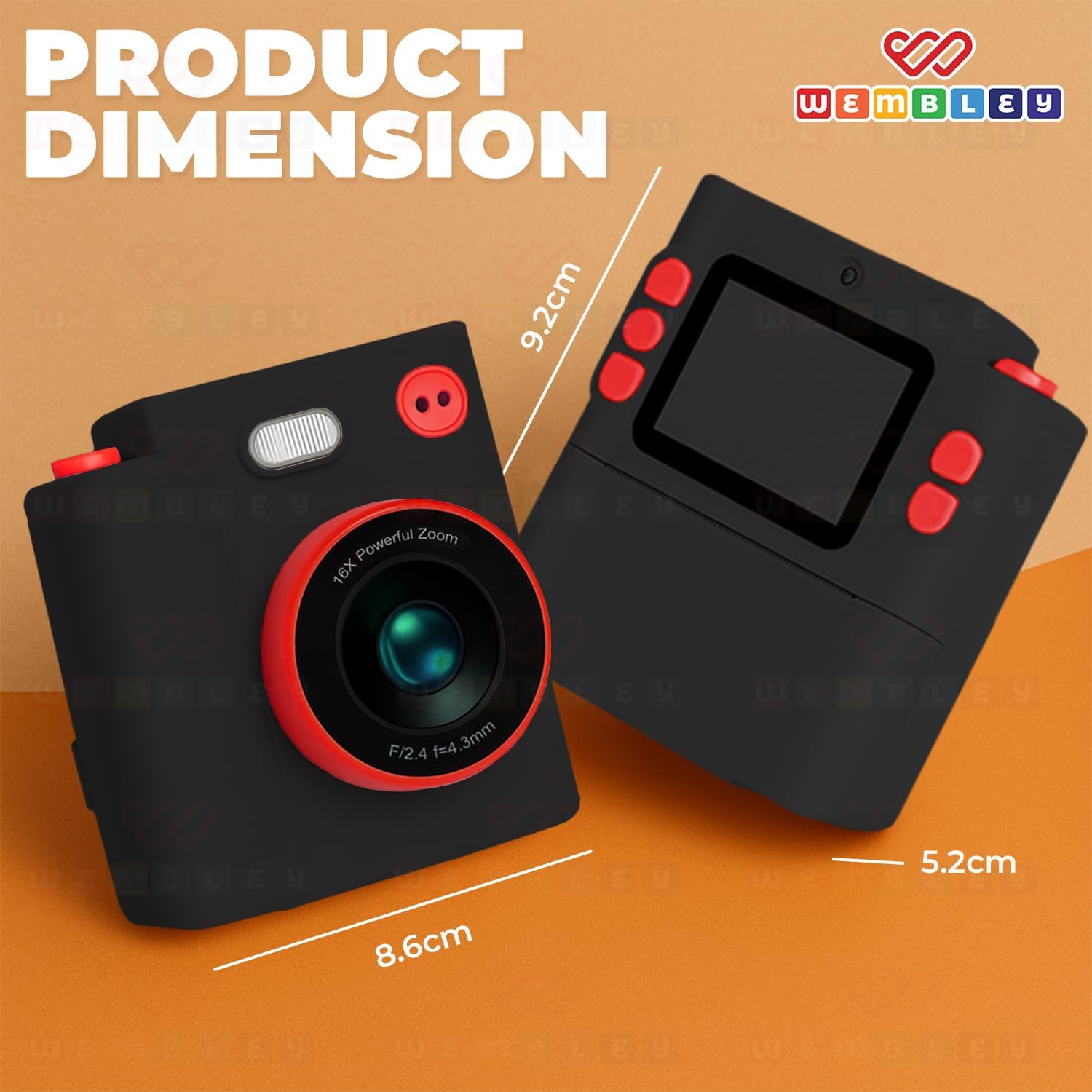 Wembley Kids Instant Print Camera with Dual Lens, 48MP, 1080P HD, 2.4" IPS Screen, 16X Zoom, 32GB SD Card, Thermal Printing, 6 Pens, 4 Rolls, USB Type-C, for Girls & Boys- Black - Image 2